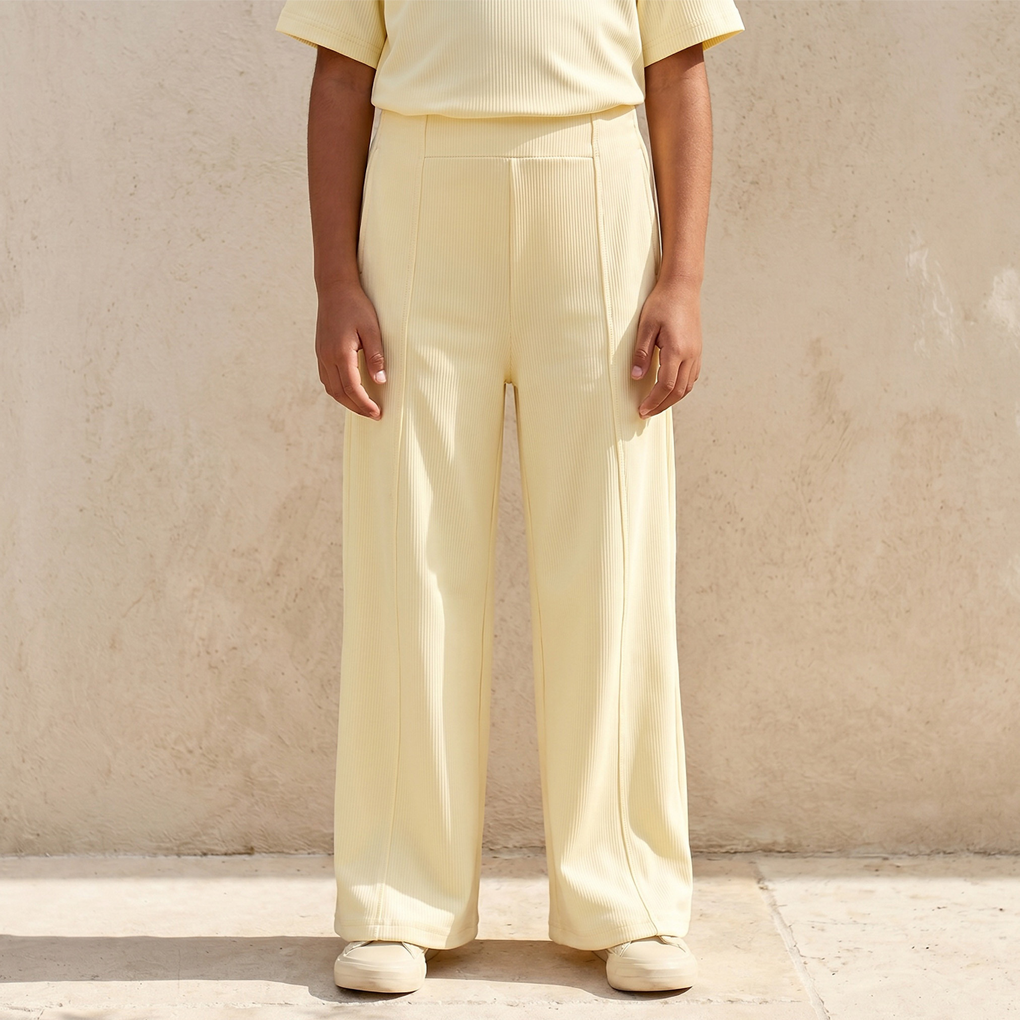 Juniors Round Neck Short Sleeves T-shirt and Wide Leg Pants Set with Ribbed Design-girls-clothing-setsandcoords-image-3