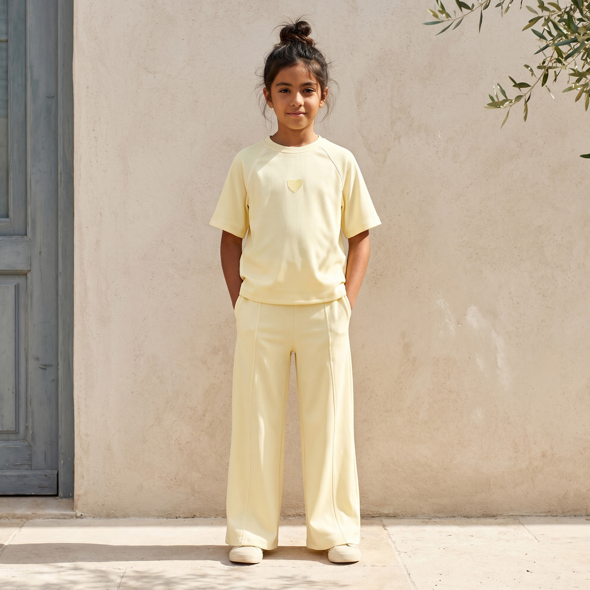 Juniors Round Neck Short Sleeves T-shirt and Wide Leg Pants Set with Ribbed Design-girls-clothing-setsandcoords-image-7