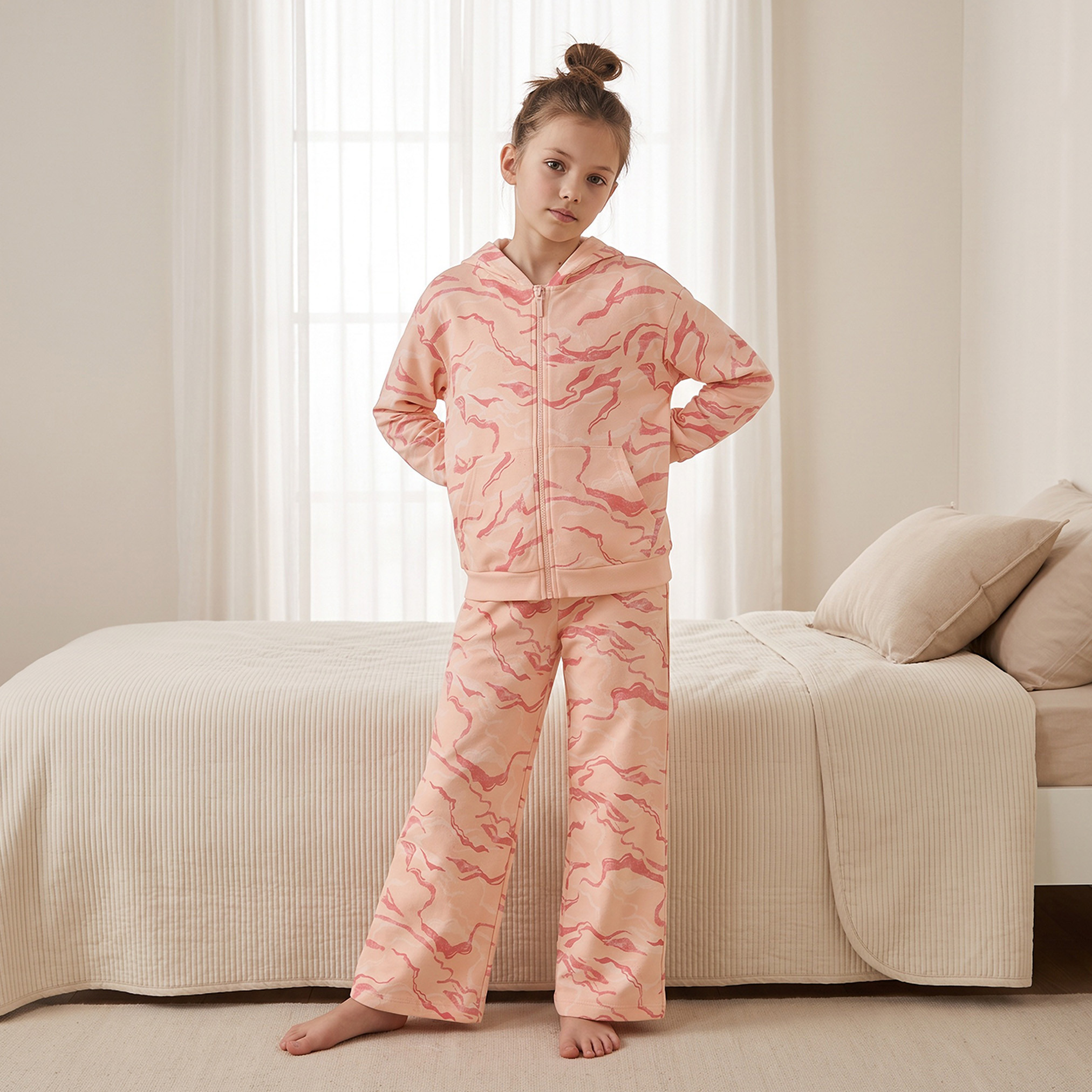 Juniors Cotton Hooded Neck Long Sleeves Pyjama Set with Abstract Print-girls-clothing-setsandcoords-image-1