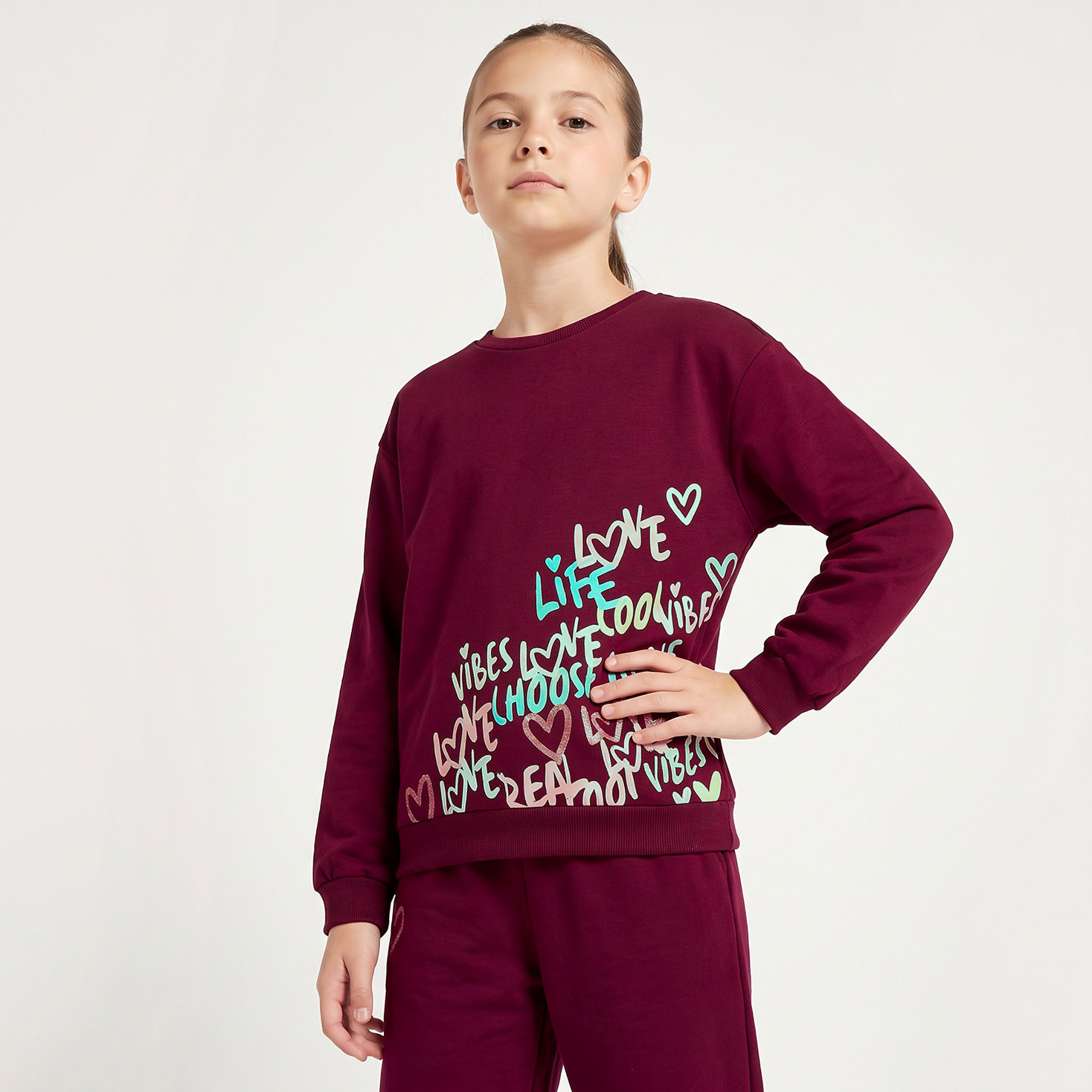Juniors Crew Neck Long Sleeves Sweatshirt and Joggers Set with Drawstring Closure-girls-clothing-setsandcoords-image-2
