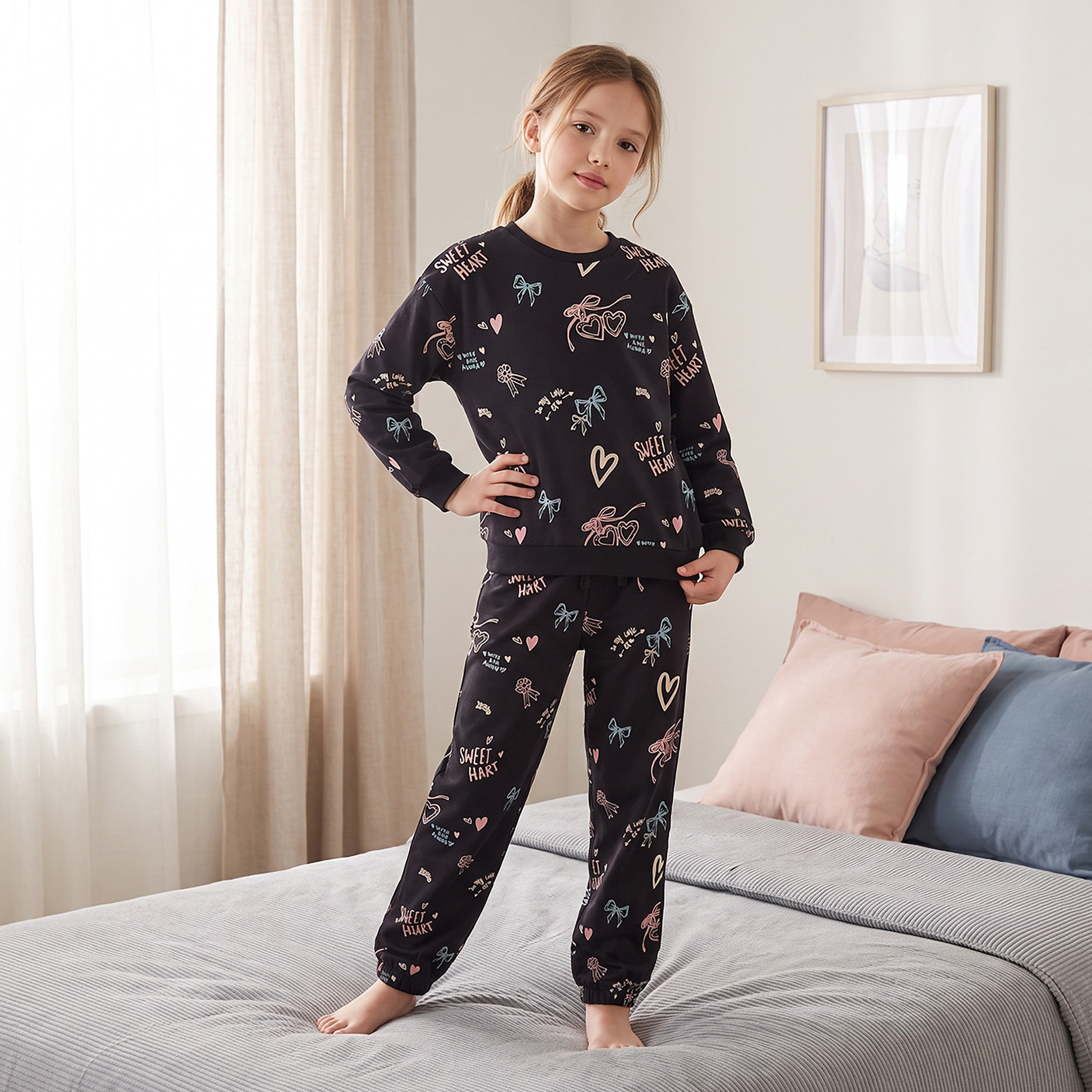 Juniors Crew Neck Long Sleeves Sweatshirt and Joggers Set with Elasticated Drawstring Closure-girls-clothing-setsandcoords-image-9