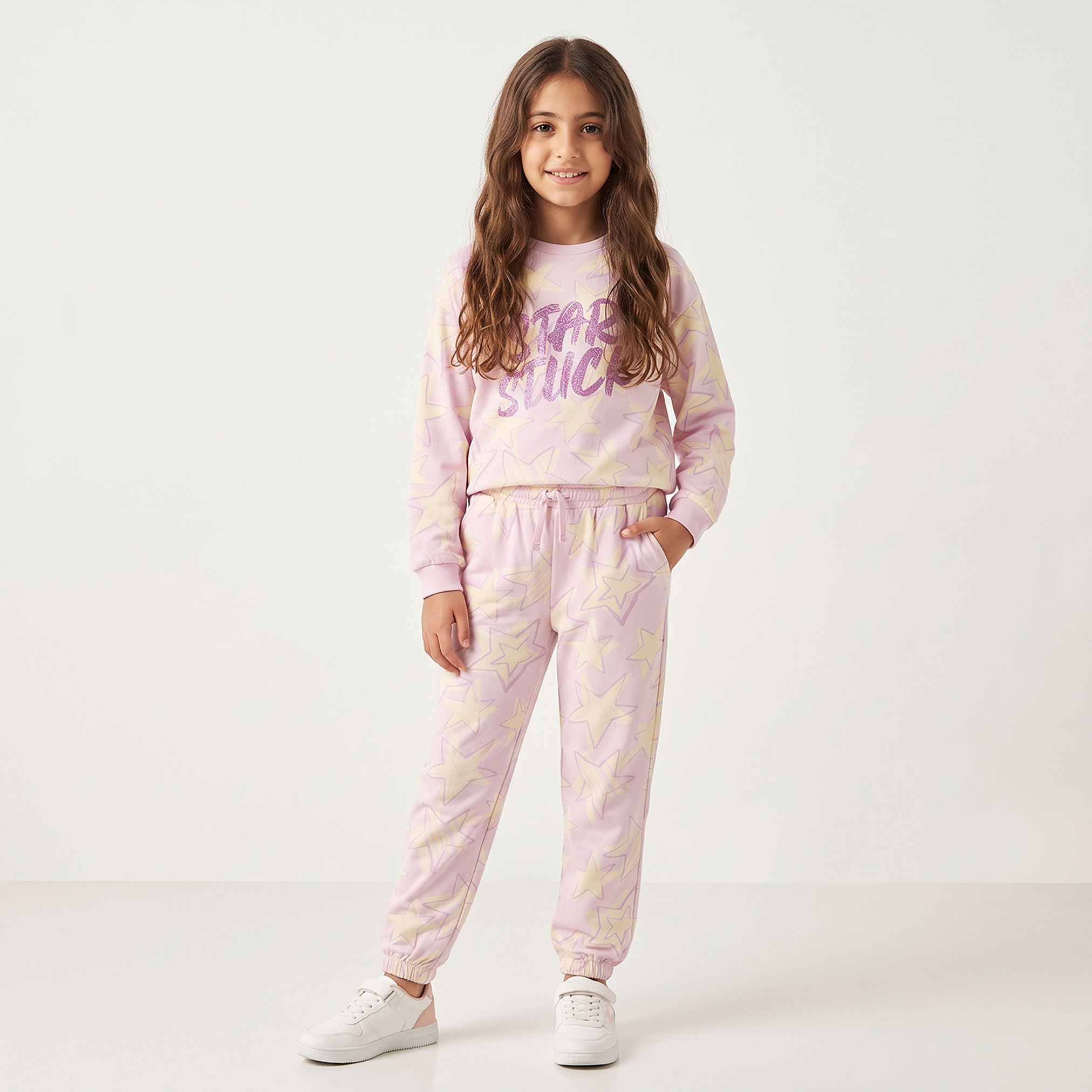 Juniors Round Neck Long Sleeves Sweatshirt and Joggers Set with Star Print-girls-clothing-setsandcoords-image-1