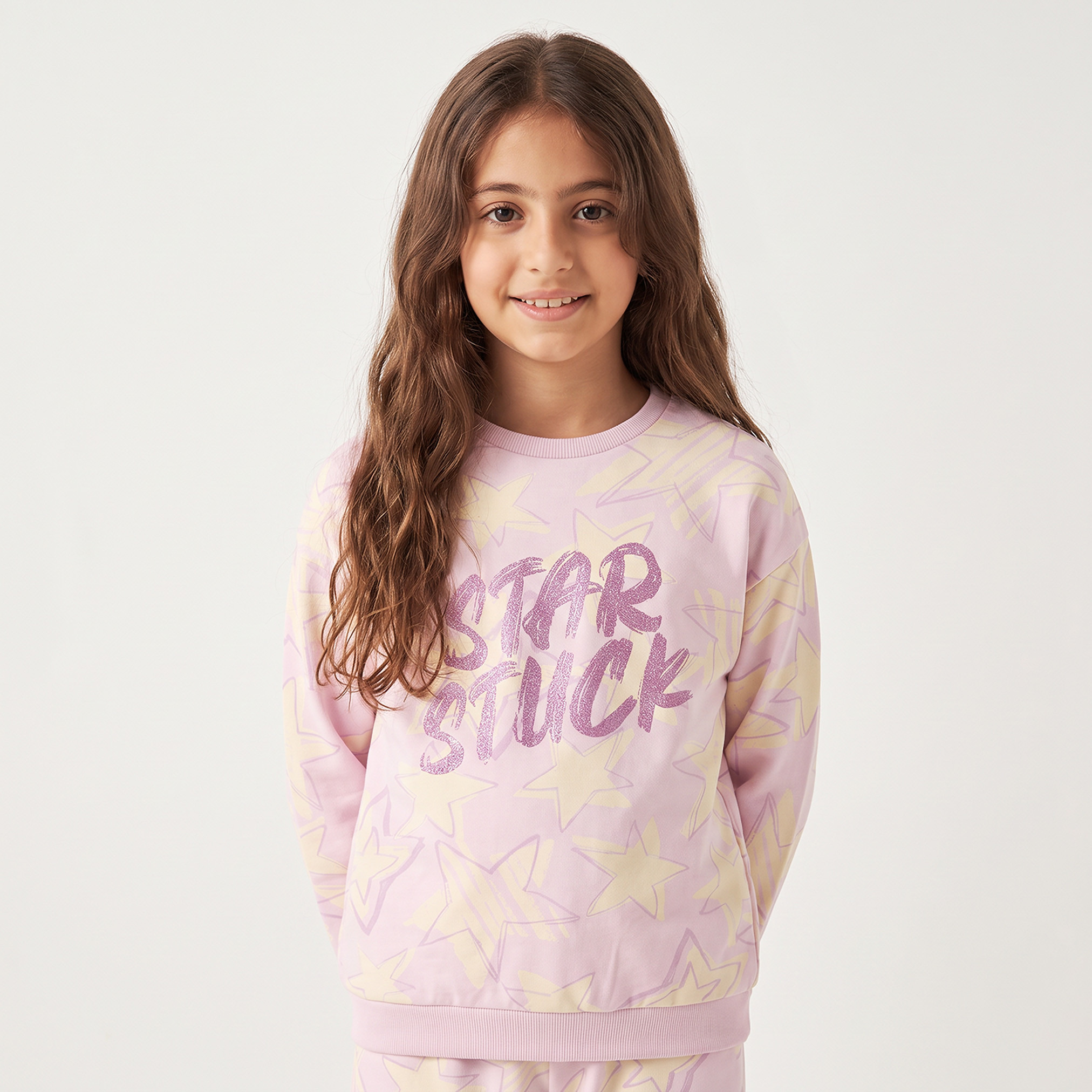 Juniors Round Neck Long Sleeves Sweatshirt and Joggers Set with Star Print-girls-clothing-setsandcoords-image-3