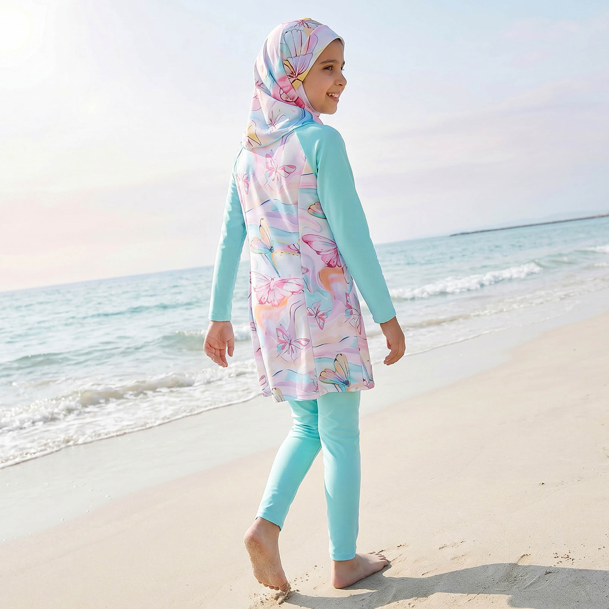 بوركيني بطبعات فراشة للبنات من جونيورز - طقم 3 قطع-girls-clothing-swimwear-image-2