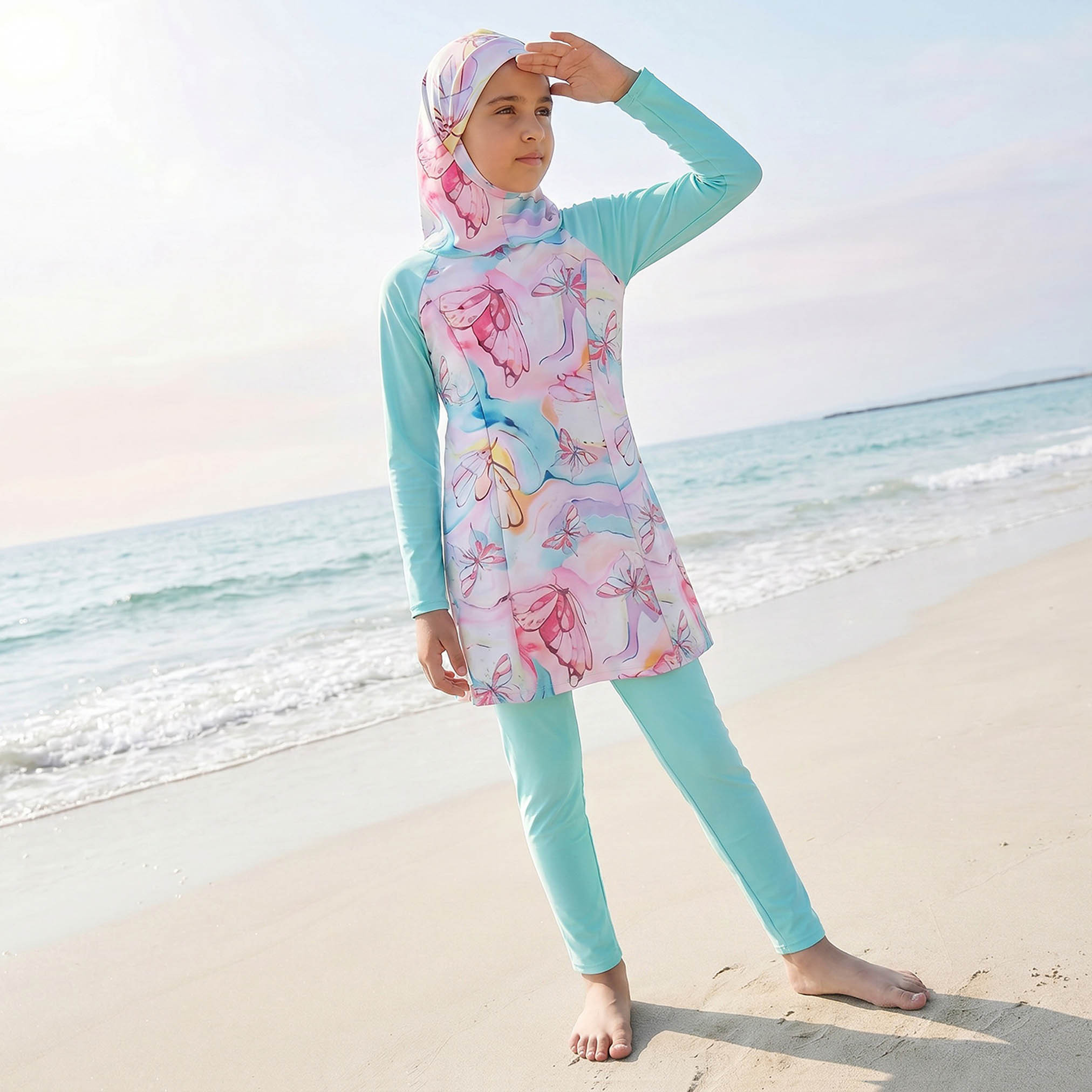 بوركيني بطبعات فراشة للبنات من جونيورز - طقم 3 قطع-girls-clothing-swimwear-image-4