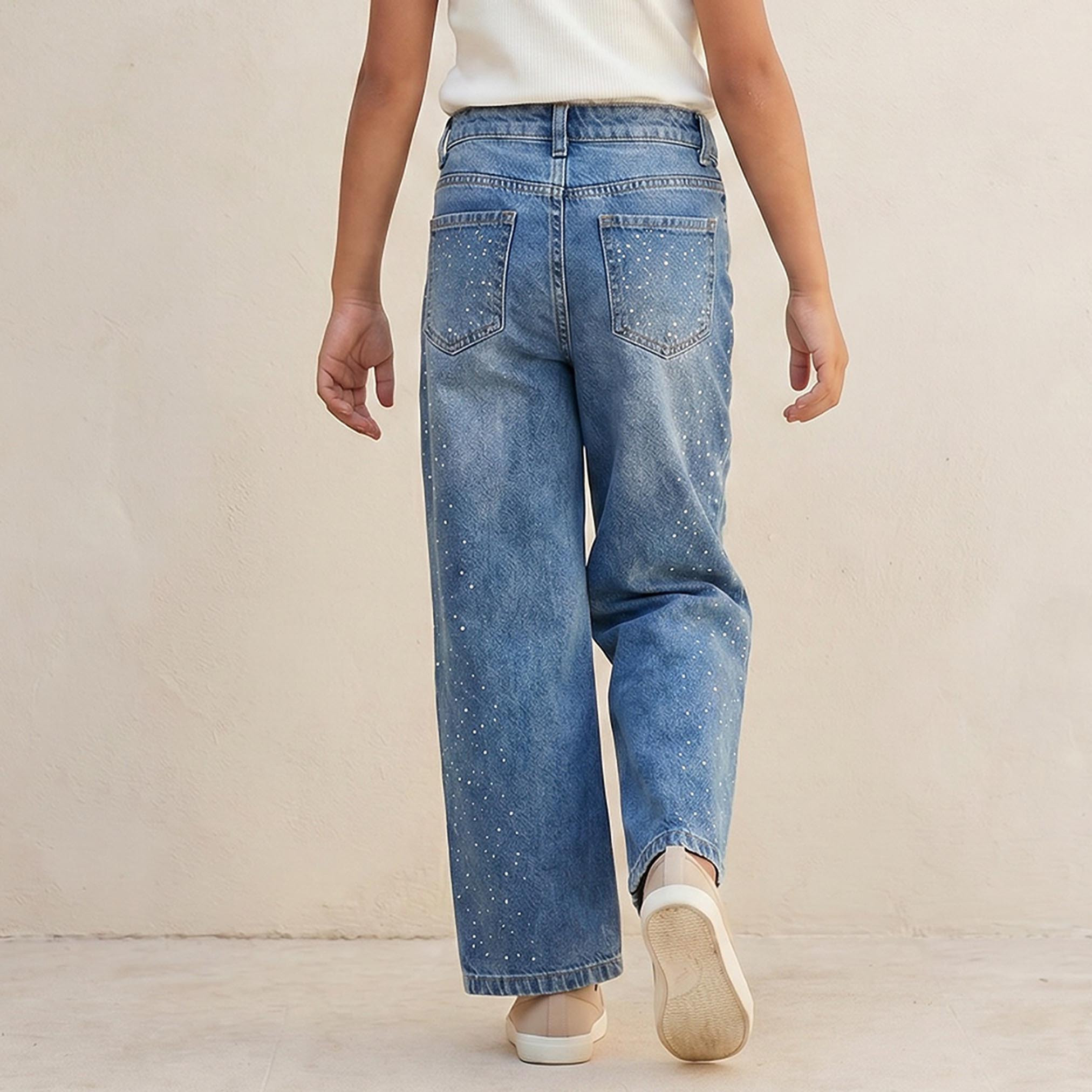بنطلون جينز بنات مع تطريز وخصر بزر من جونيورز-baby-girls-clothing-bottoms-jeans-image-3