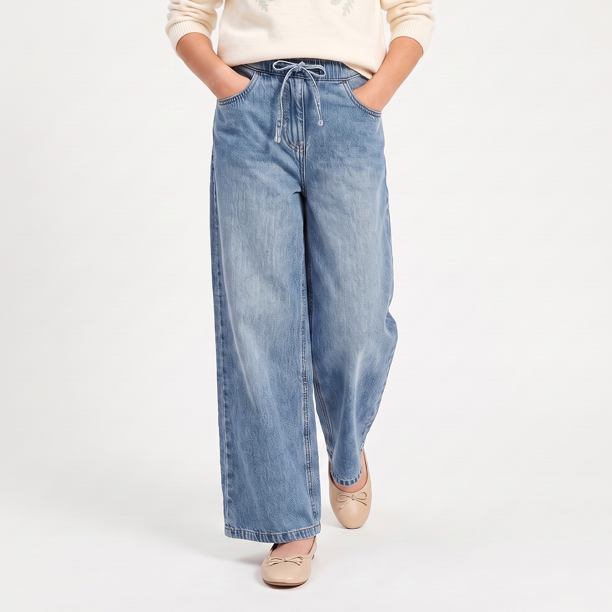 Juniors Wide Leg Jeans with Butterfly Embroidery-girls-clothing-bottoms-jeansandjoggers-image-1
