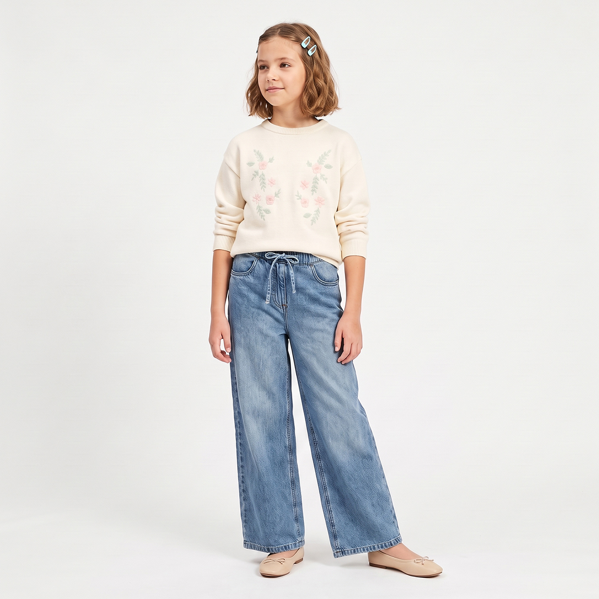 Juniors Wide Leg Jeans with Butterfly Embroidery-girls-clothing-bottoms-jeansandjoggers-image-2