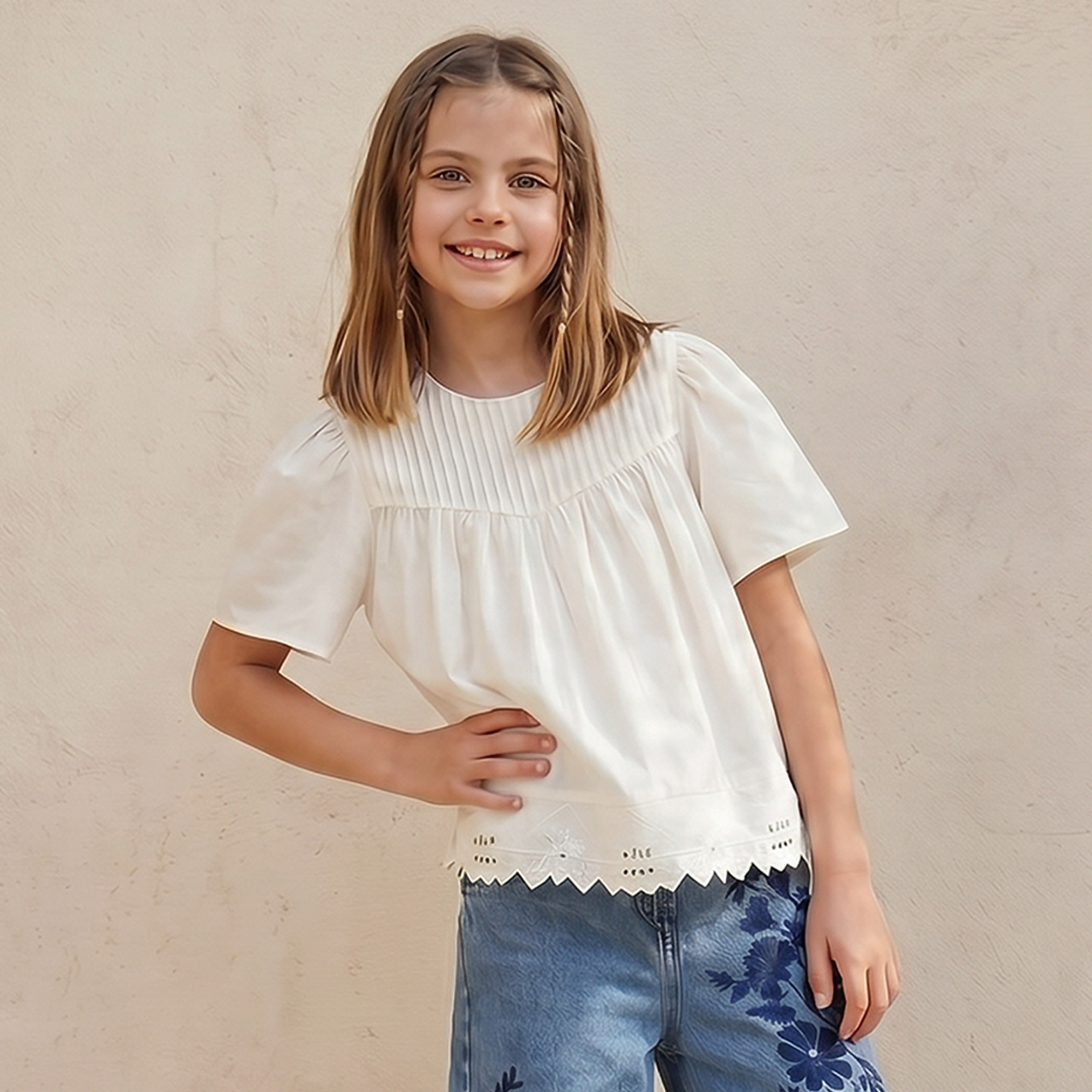 Eligo Crew Neck Short Sleeves Top with Pintucks-girls-clothing-blousesandshirts-image-1
