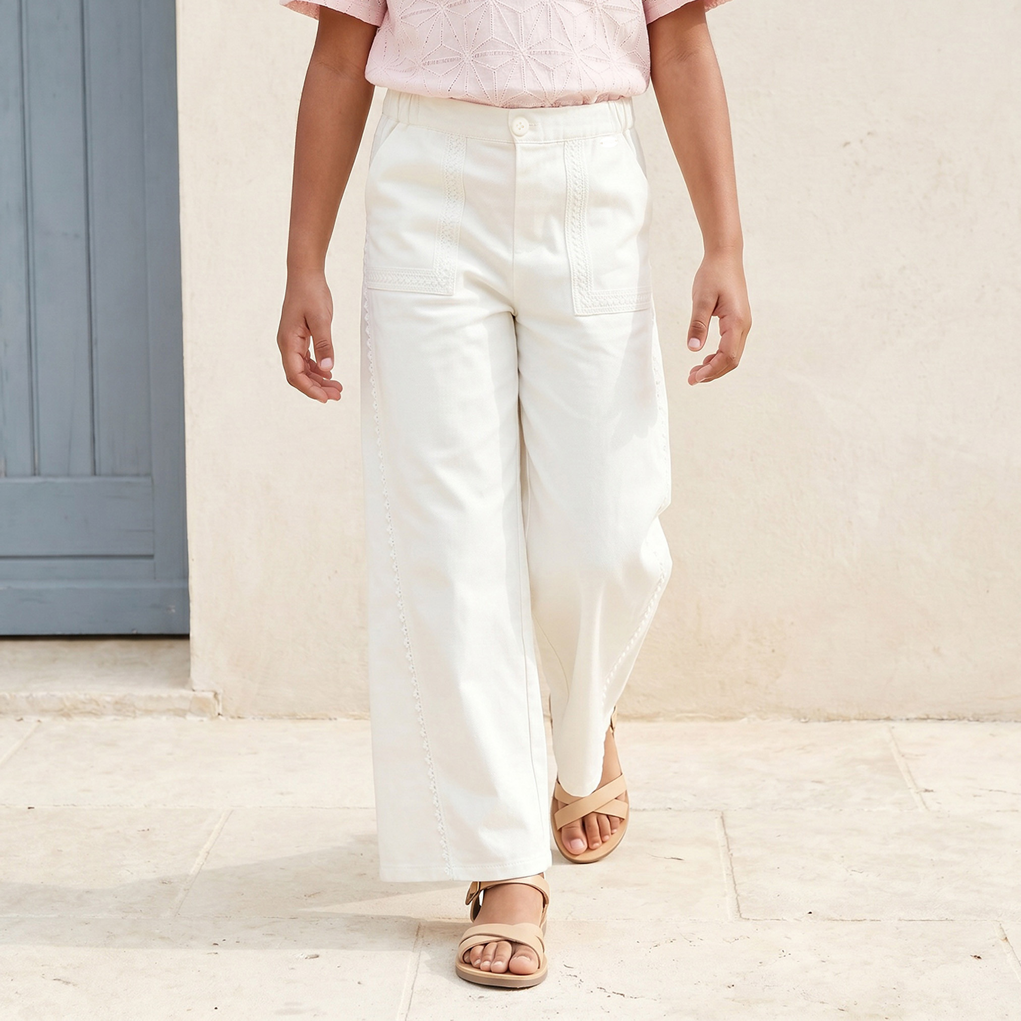 Eligo Wide Leg Trousers with Lace Trim, Buttoned Waist-girls-clothing-bottoms-trousers-image-1