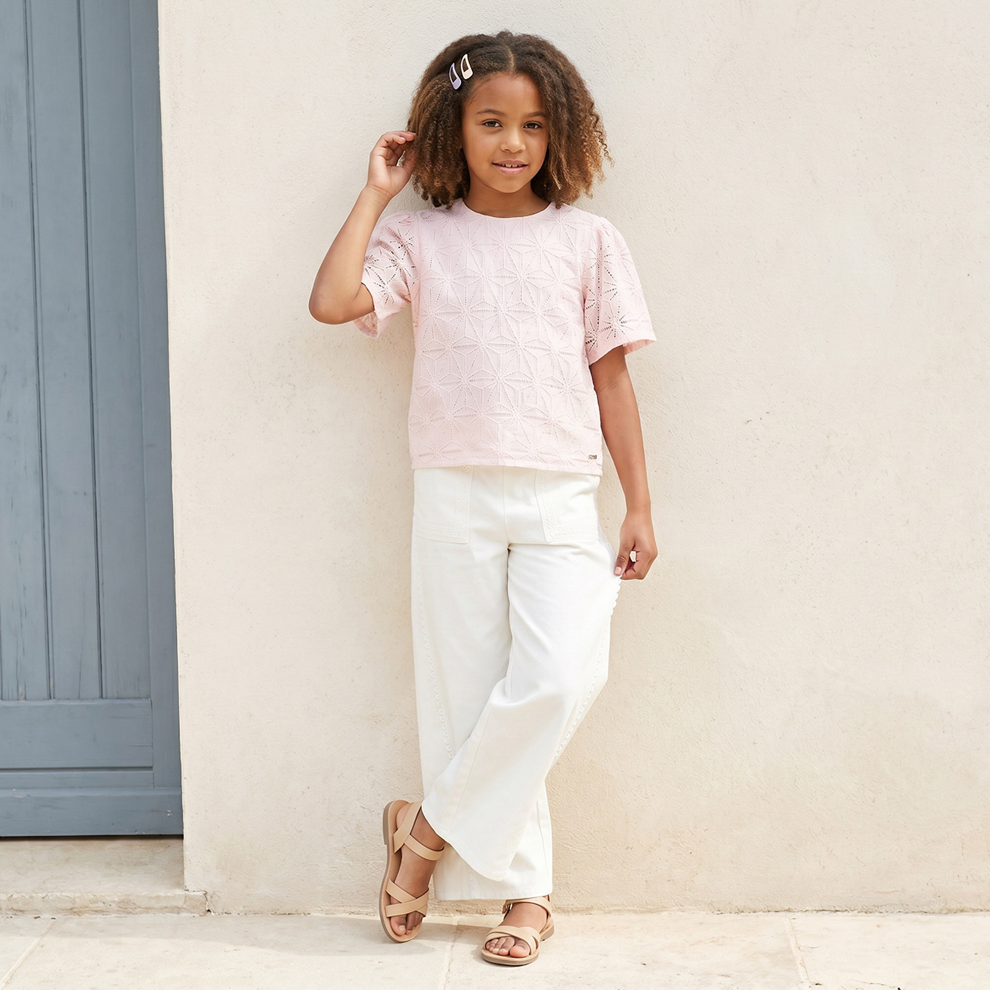 Eligo Wide Leg Trousers with Lace Trim, Buttoned Waist-girls-clothing-bottoms-trousers-image-2