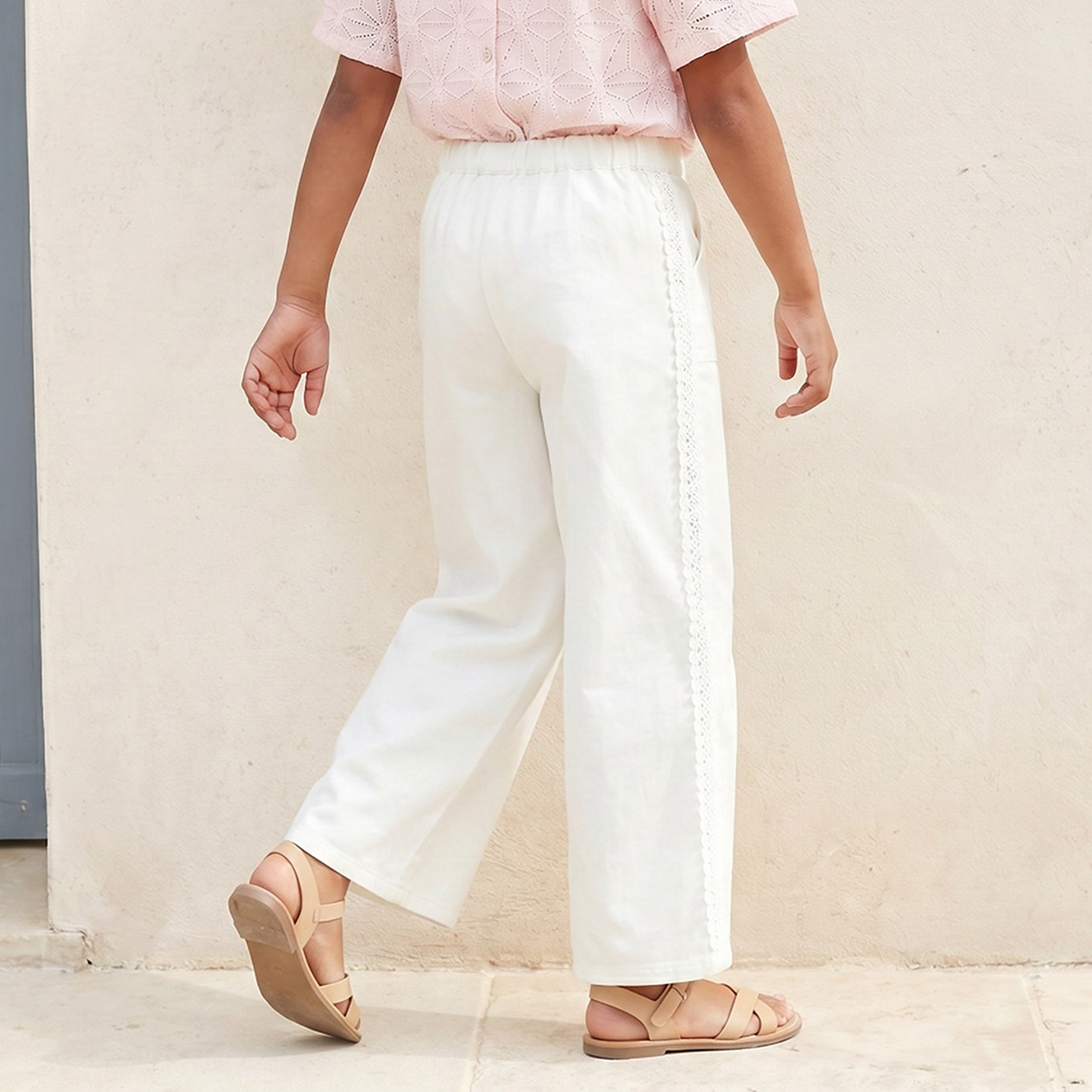 Eligo Wide Leg Trousers with Lace Trim, Buttoned Waist-girls-clothing-bottoms-trousers-image-3