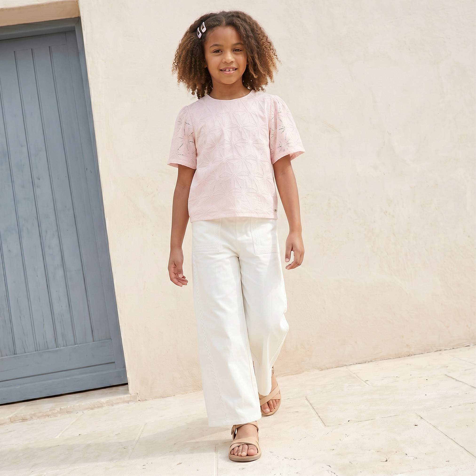 Eligo Wide Leg Trousers with Lace Trim, Buttoned Waist-girls-clothing-bottoms-trousers-image-5