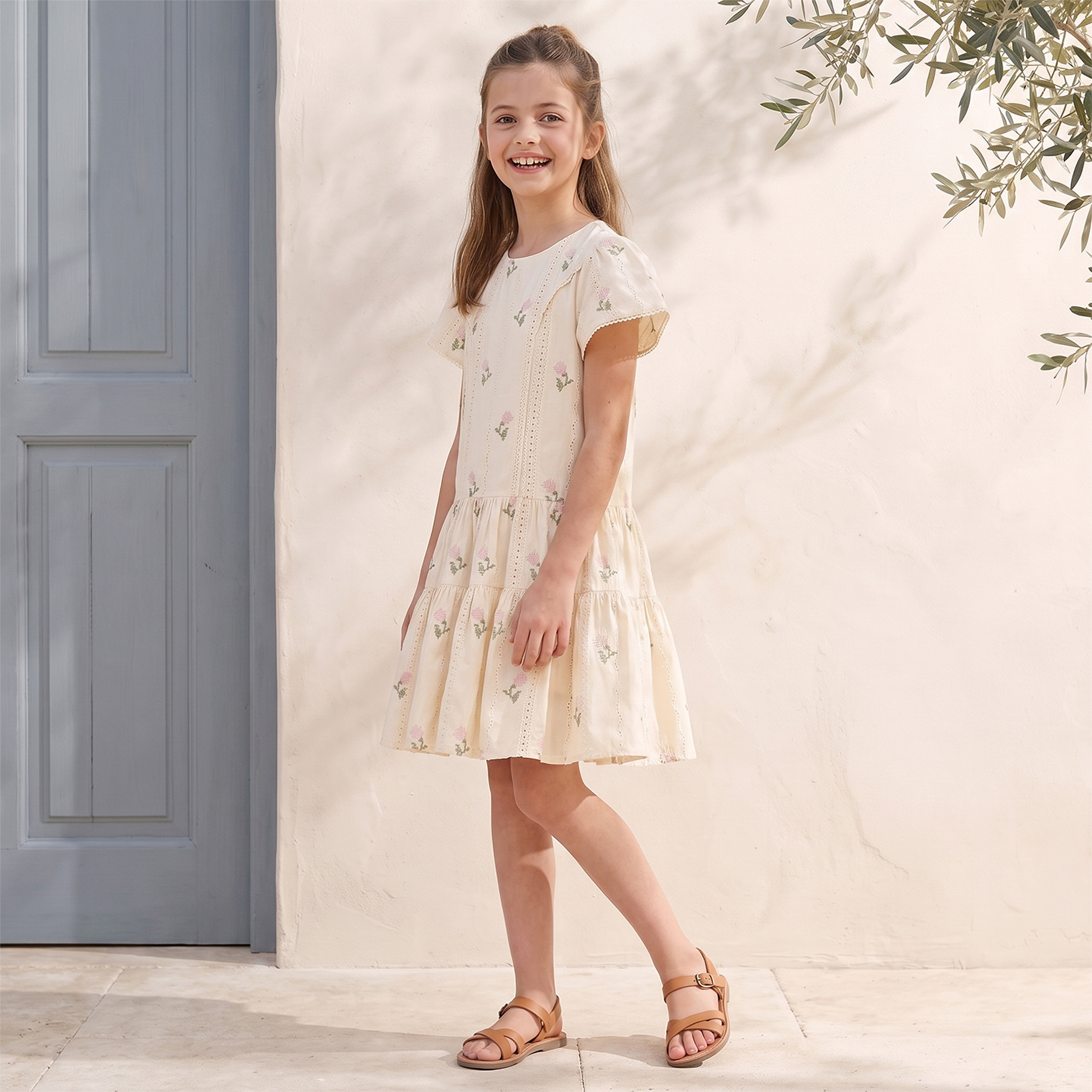 Eligo Round Neck Short Sleeves Knee Length Dress with Floral Embroidery-girls-clothing-dressesandjumpsuits-image-1