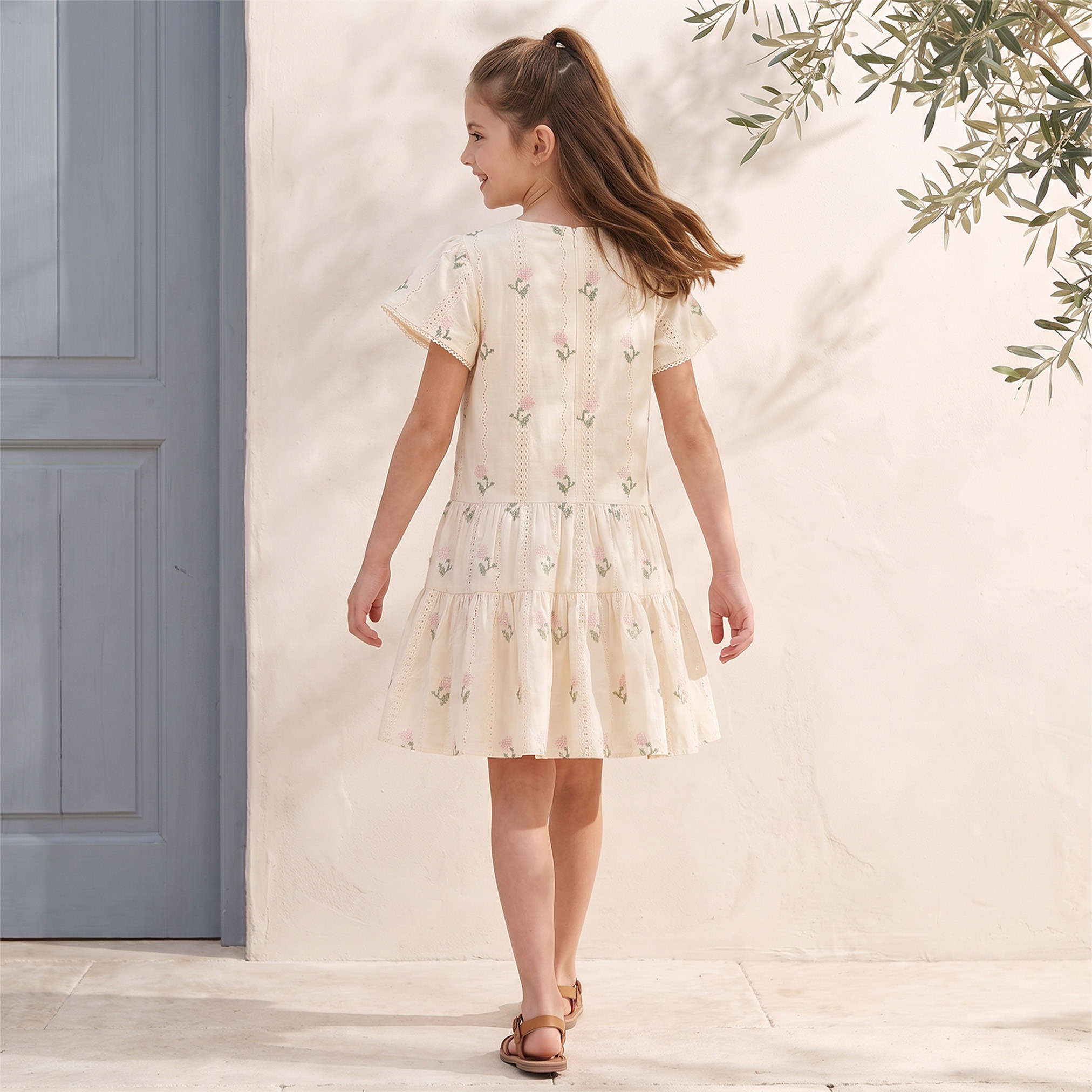 Eligo Round Neck Short Sleeves Knee Length Dress with Floral Embroidery-girls-clothing-dressesandjumpsuits-image-2
