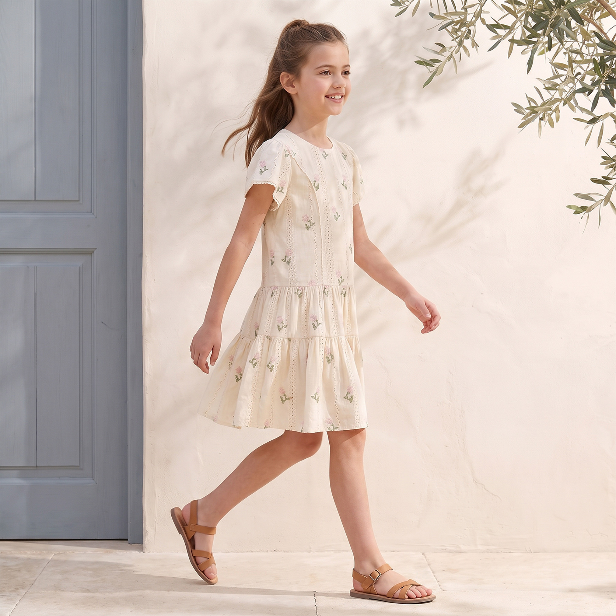 Eligo Round Neck Short Sleeves Knee Length Dress with Floral Embroidery-girls-clothing-dressesandjumpsuits-image-4
