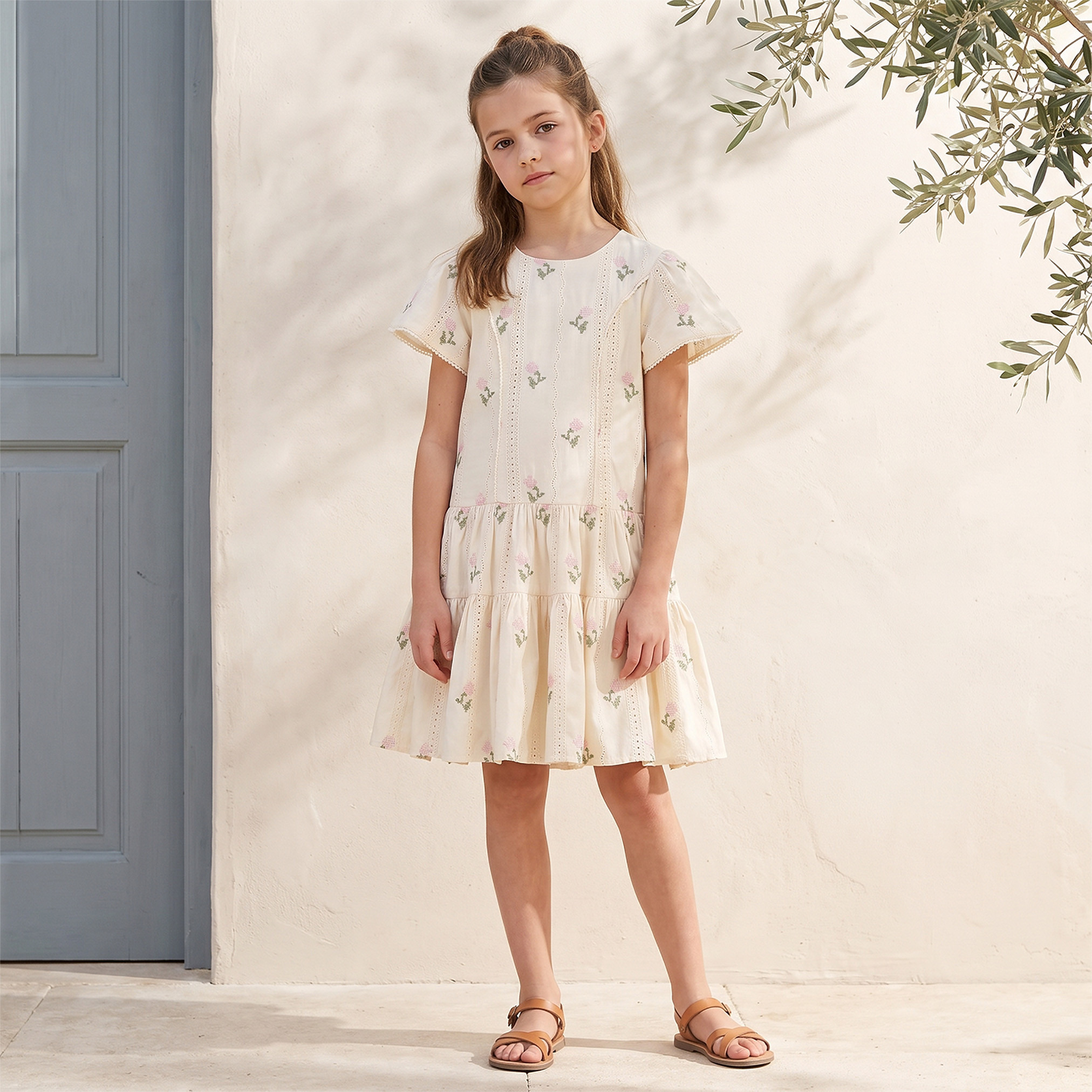 Eligo Round Neck Short Sleeves Knee Length Dress with Floral Embroidery-girls-clothing-dressesandjumpsuits-image-5