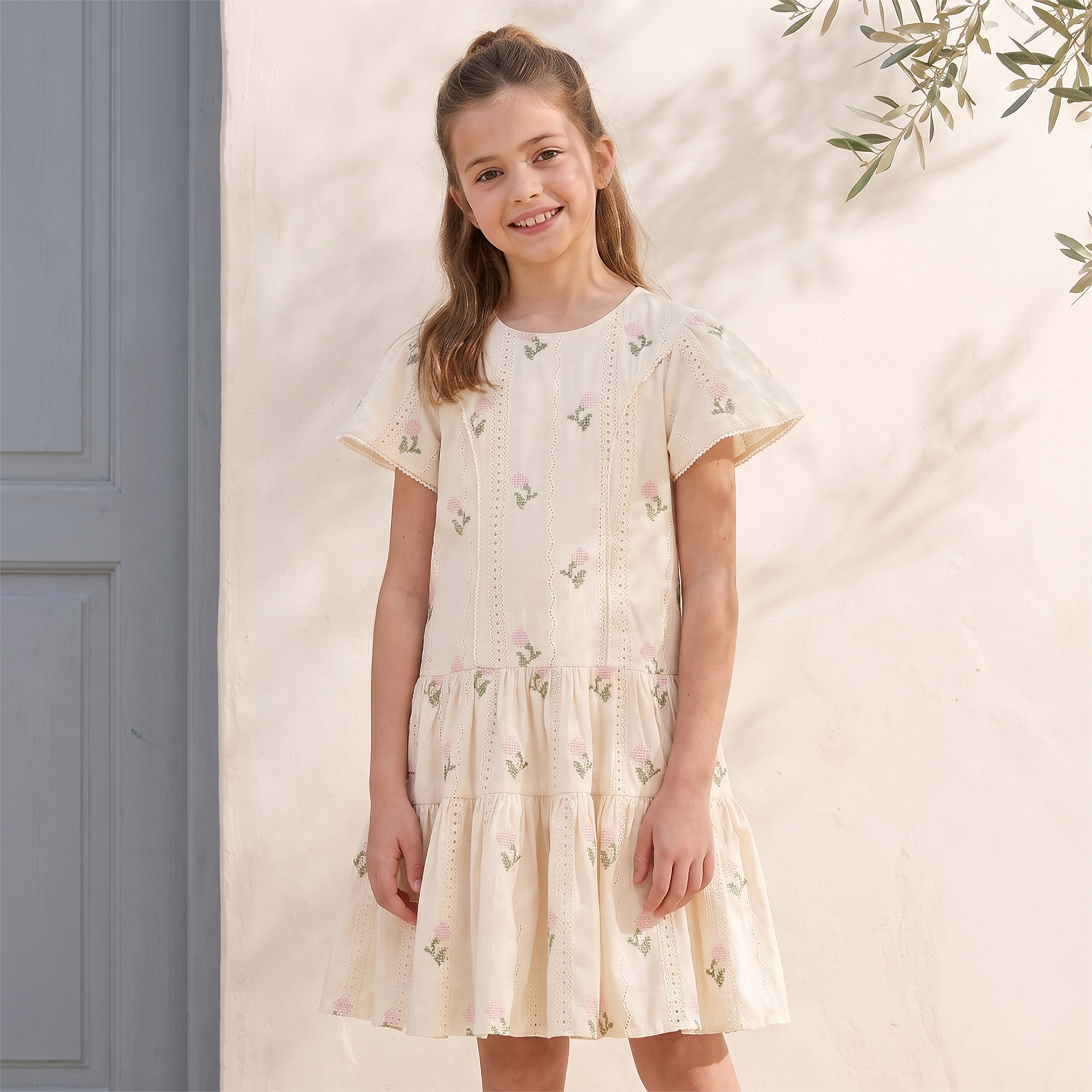 Eligo Round Neck Short Sleeves Knee Length Dress with Floral Embroidery-girls-clothing-dressesandjumpsuits-image-6