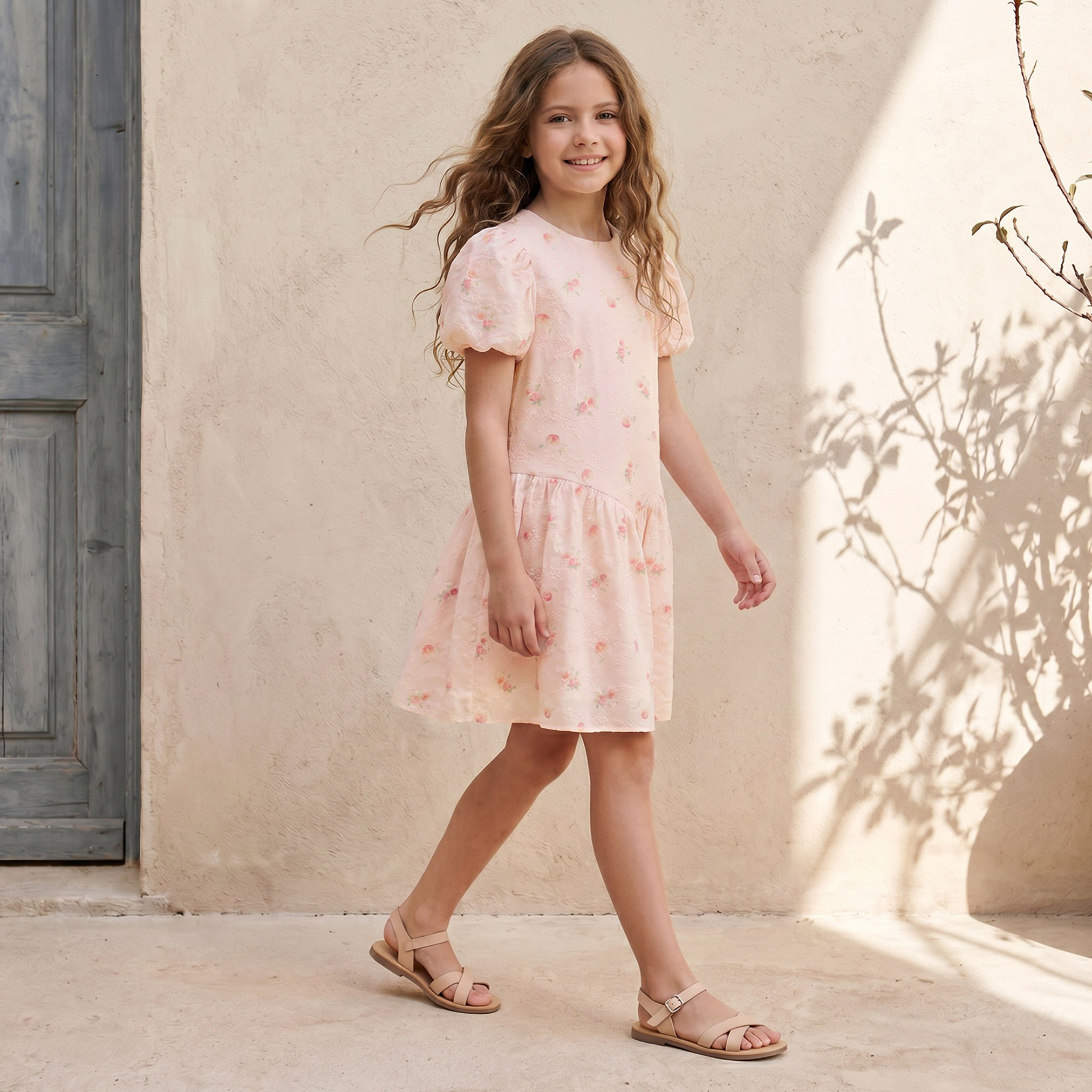 فستان بطول الركبة بقصة خصر منخفض وياقة مستديرة وأكمام قصيرة بطبعة زهور من إيليجو-girls-clothing-dressesandjumpsuits-image-1