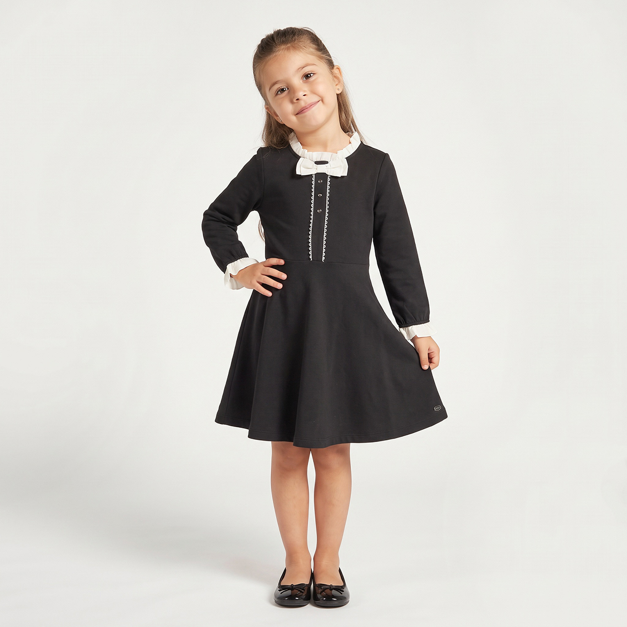 Eligo Round Neck Long Sleeves Knee Length Dress with Ruffle Trim-girls-clothing-dressesandjumpsuits-image-1