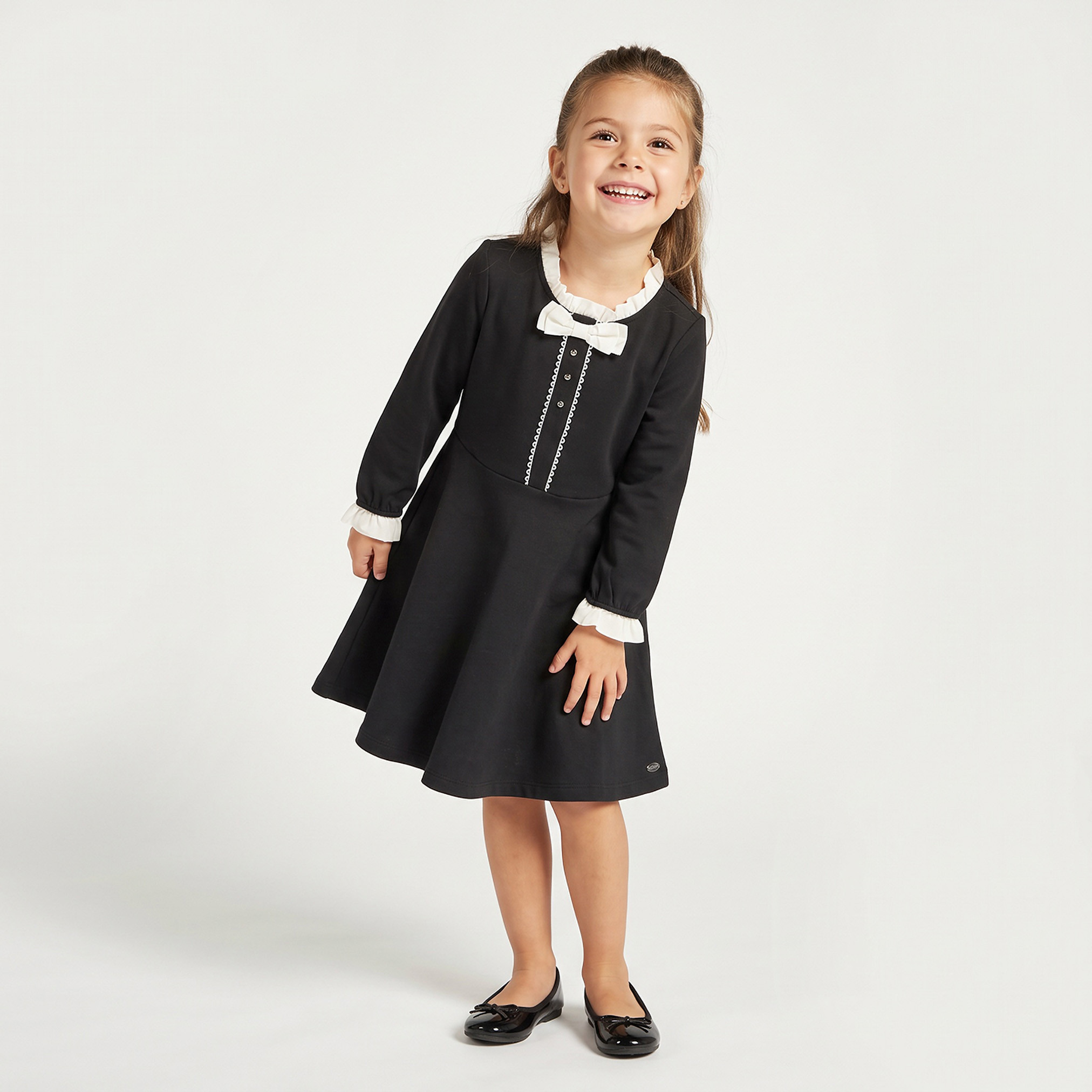 Eligo Round Neck Long Sleeves Knee Length Dress with Ruffle Trim-girls-clothing-dressesandjumpsuits-image-2