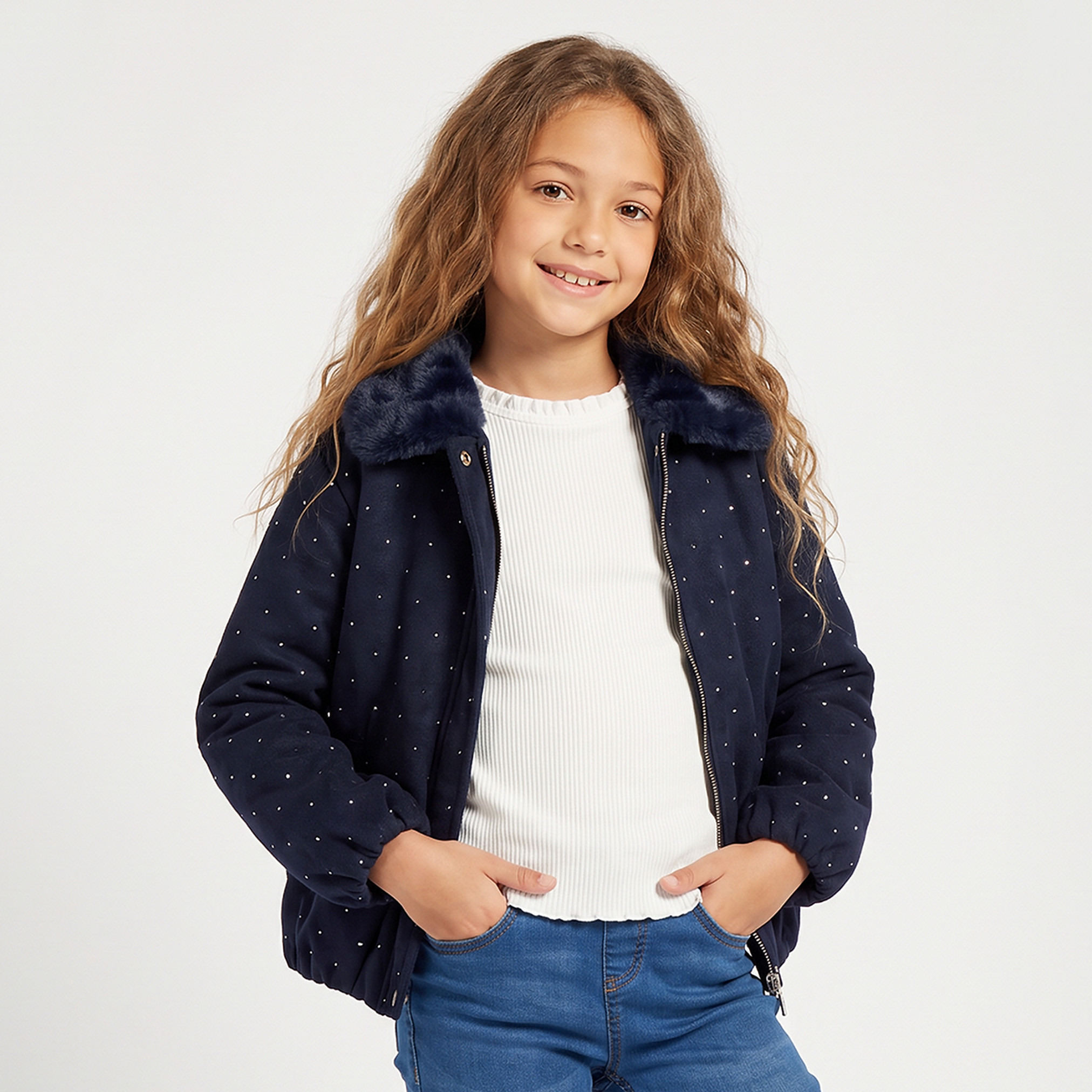 جاكيت مزين بتفاصيل لامعة وياقة من الفرو الصناعي من إليجو-girls-clothing-winterwear-jacketsandcoats-image-1