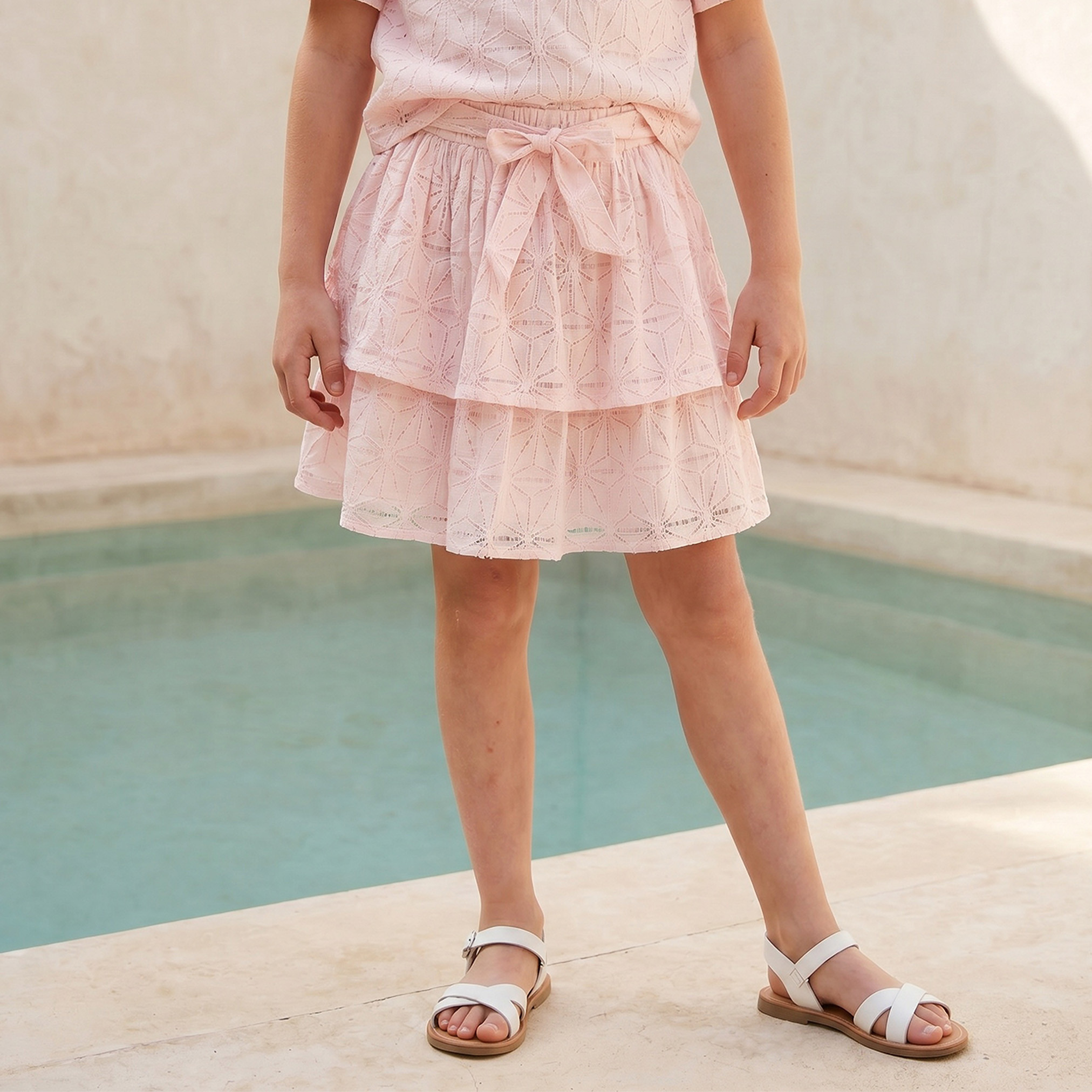 Eligo Round Neck Short Sleeves Top and Skirt Set with Tie-Up Belt-girls-clothing-setsandcoords-image-3