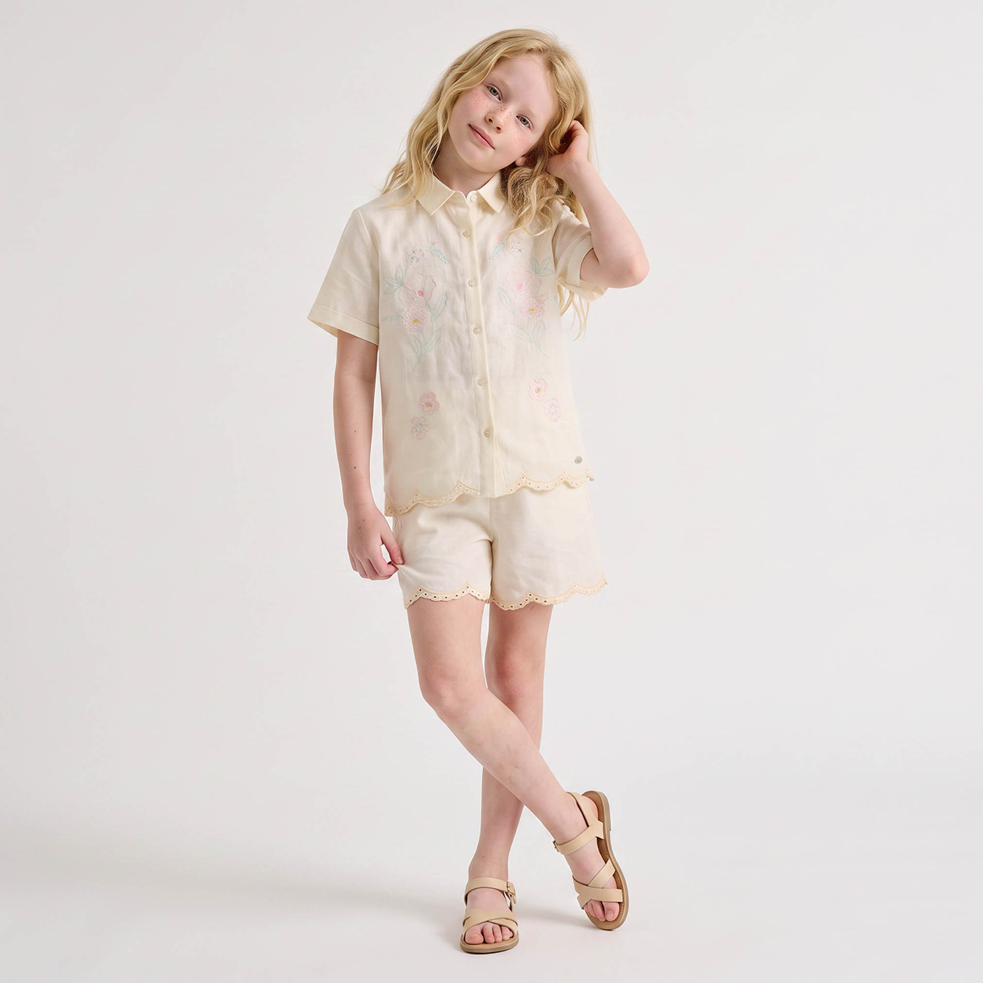 Eligo Collared Short Sleeves Shirt and Shorts Set with Floral Embroidery-girls-clothing-setsandcoords-image-1