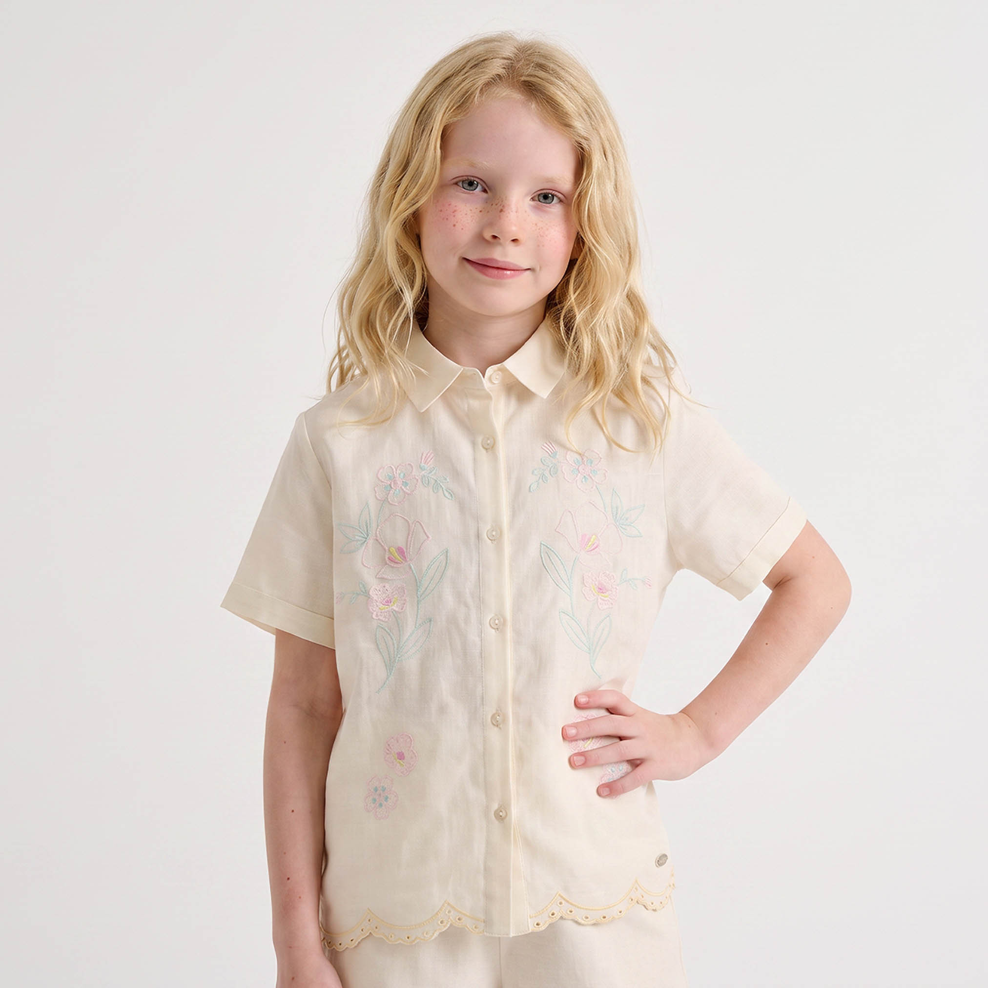 Eligo Collared Short Sleeves Shirt and Shorts Set with Floral Embroidery-girls-clothing-setsandcoords-image-2