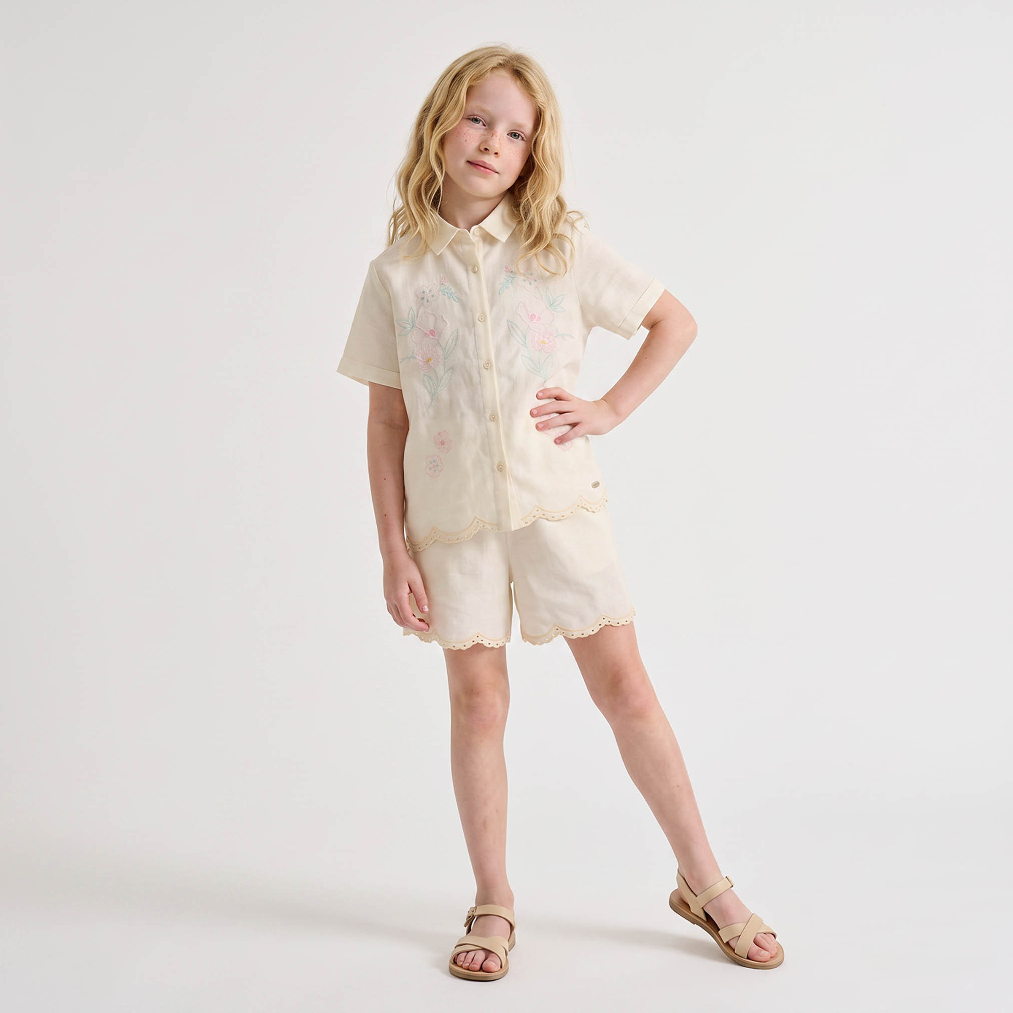 Eligo Collared Short Sleeves Shirt and Shorts Set with Floral Embroidery-girls-clothing-setsandcoords-image-7