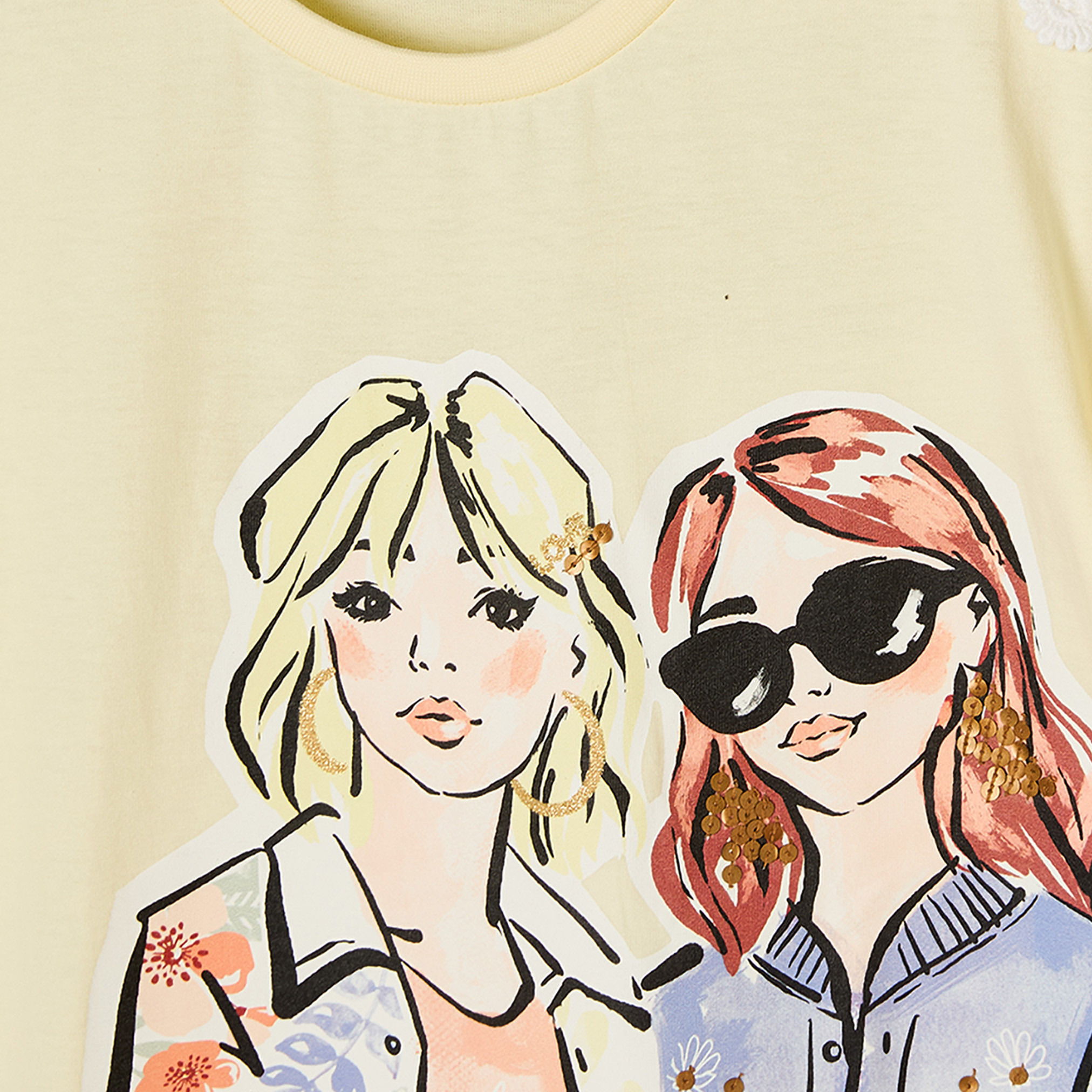 تيشيرت بطبعات جرافيك وياقة ضيقة وأكمام قصيرة من لي كوبر-girls-clothing-tshirts-image-4