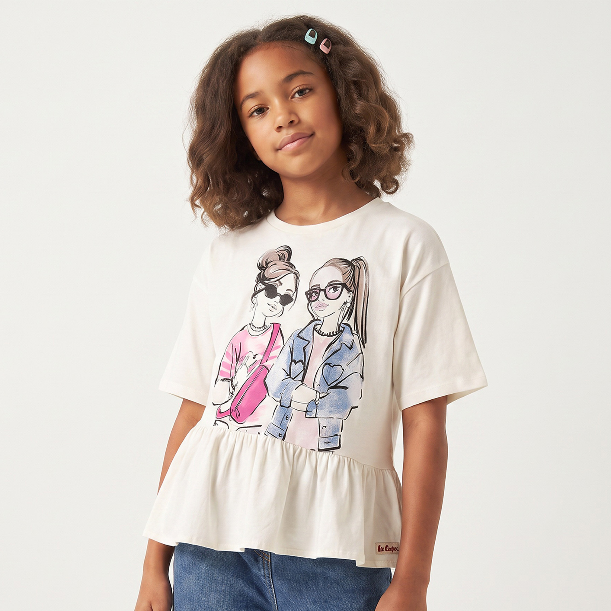 بلوزة بخصر كشكش وبرقبة مستديرة وأكمام قصيرة وطبعات من لي كوبر-girls-clothing-tops-tshirtsandtops-image-1