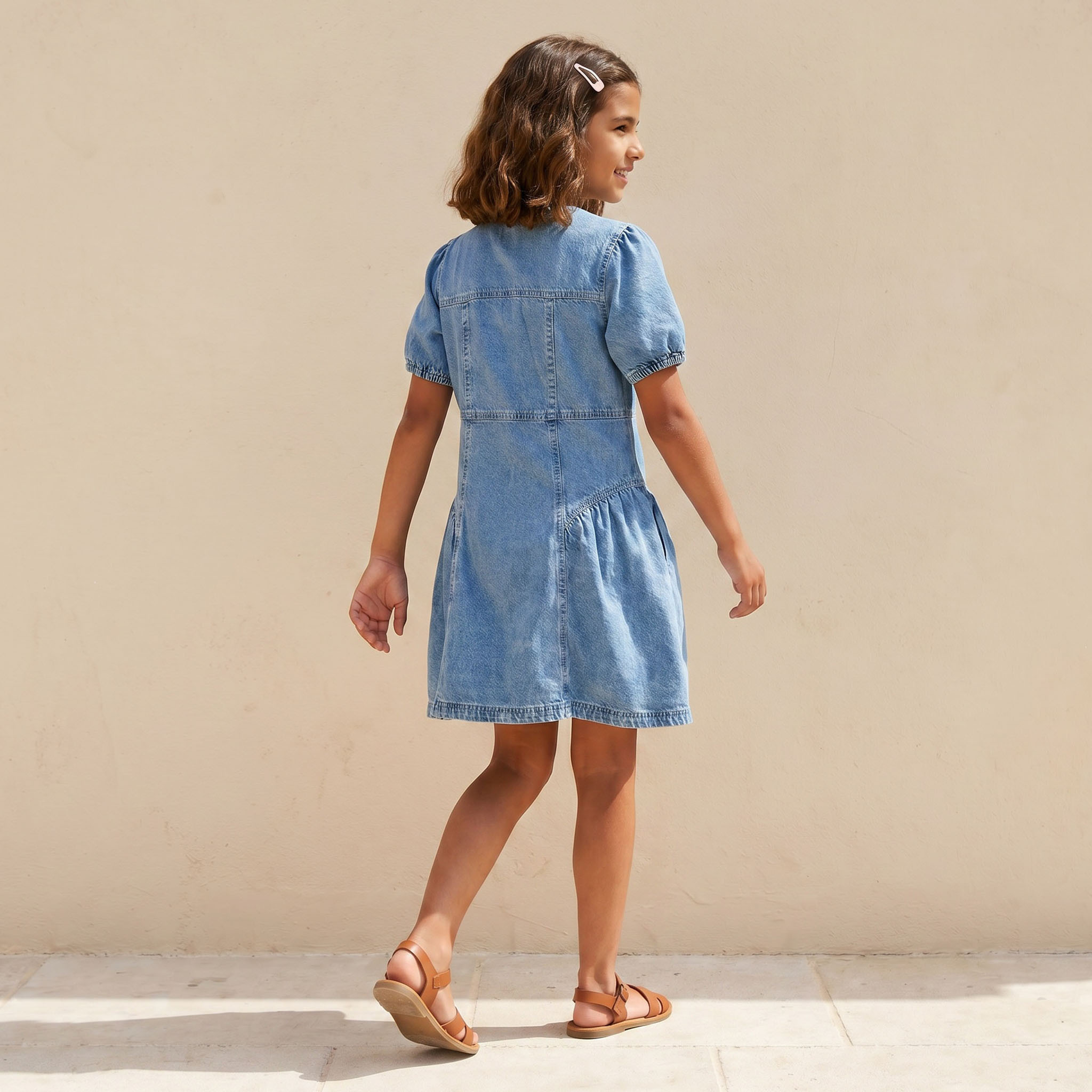 Lee Cooper Round Neck Short Sleeves Knee Length Denim Dress with Pockets-girls-clothing-dressesandjumpsuits-image-2
