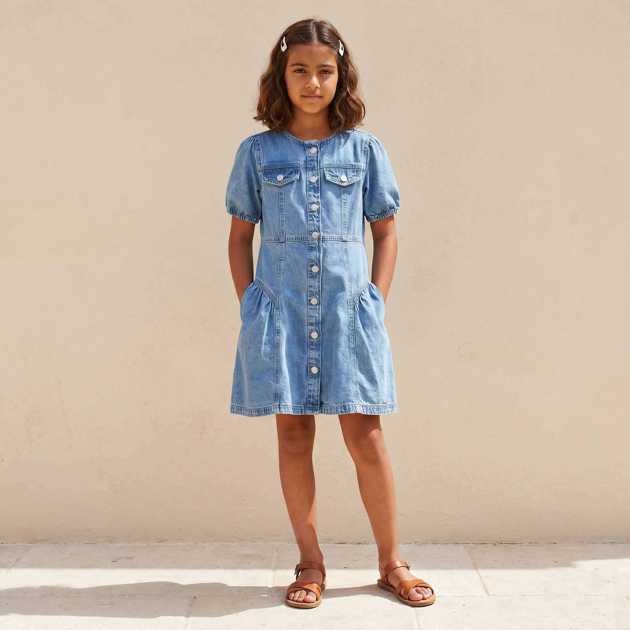 Lee Cooper Round Neck Short Sleeves Knee Length Denim Dress with Pockets-girls-clothing-dressesandjumpsuits-image-4