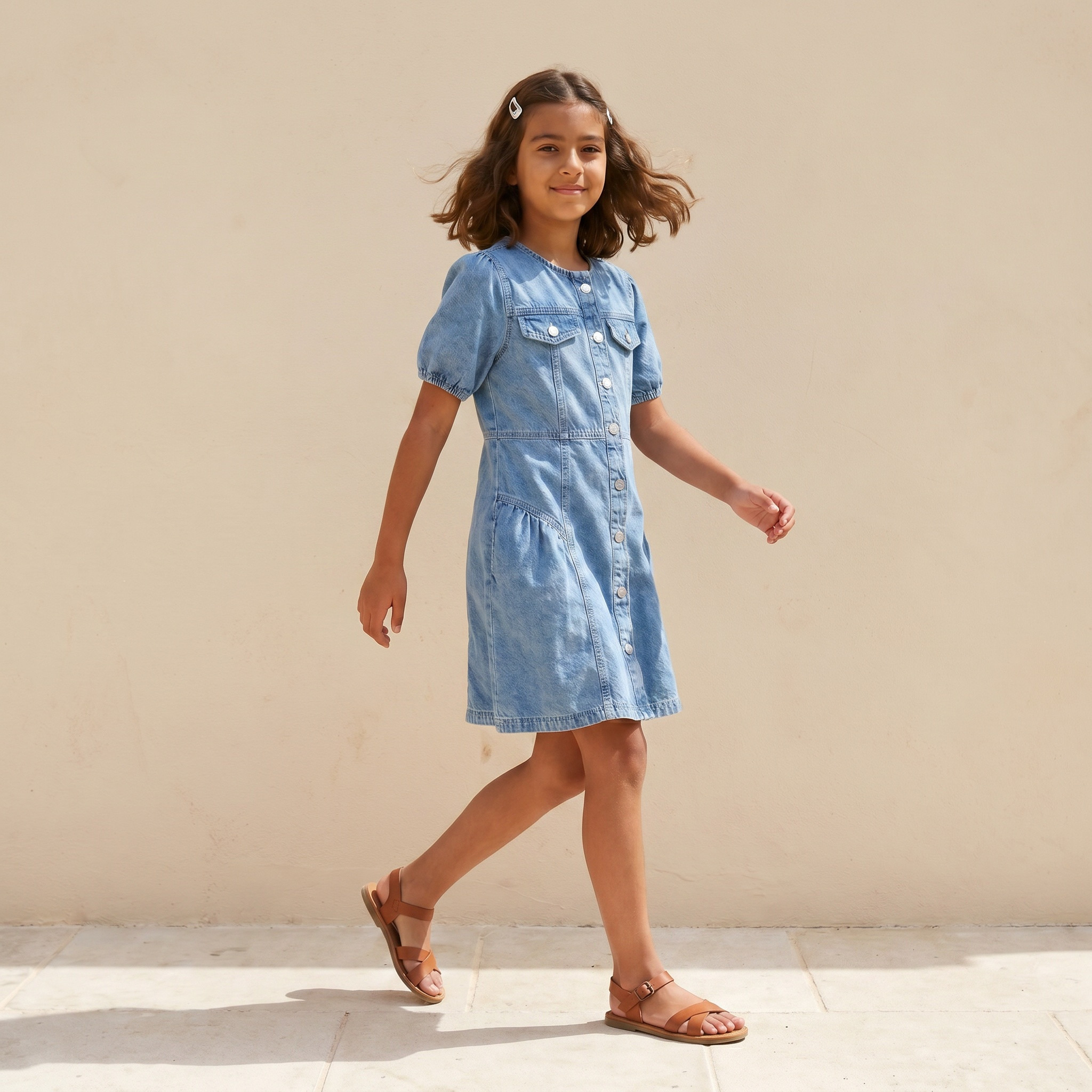 Lee Cooper Round Neck Short Sleeves Knee Length Denim Dress with Pockets-girls-clothing-dressesandjumpsuits-image-5