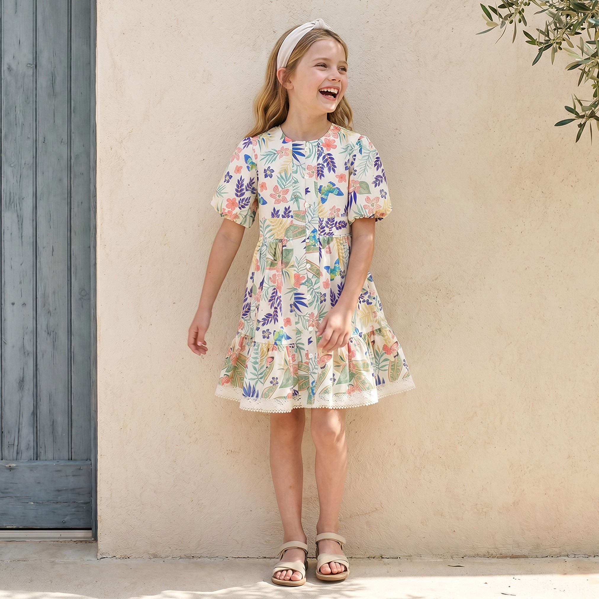 Lee Cooper Round Neck Short Sleeves Knee Length Dress with Floral Print-girls-clothing-dressesandjumpsuits-image-1