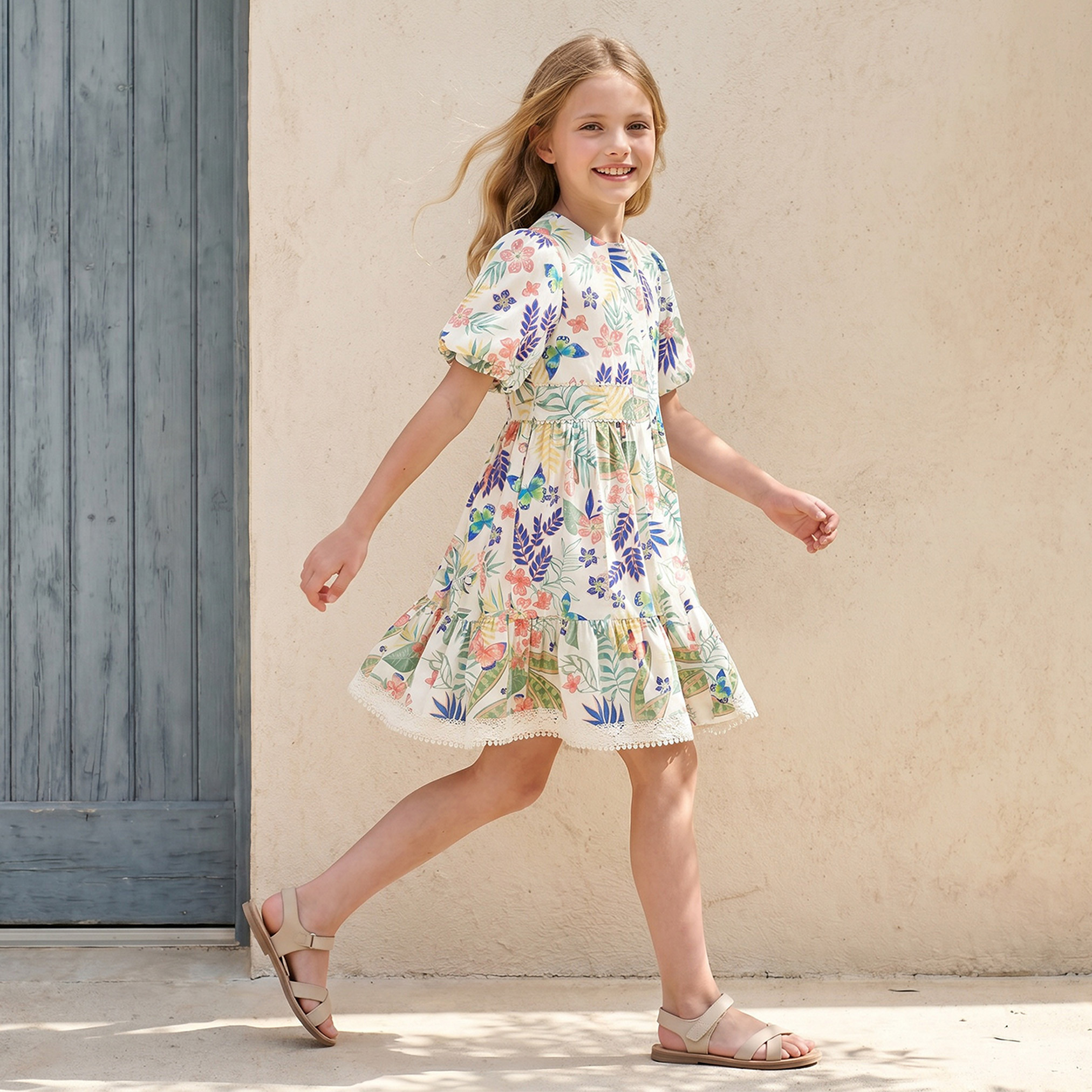 Lee Cooper Round Neck Short Sleeves Knee Length Dress with Floral Print-girls-clothing-dressesandjumpsuits-image-4