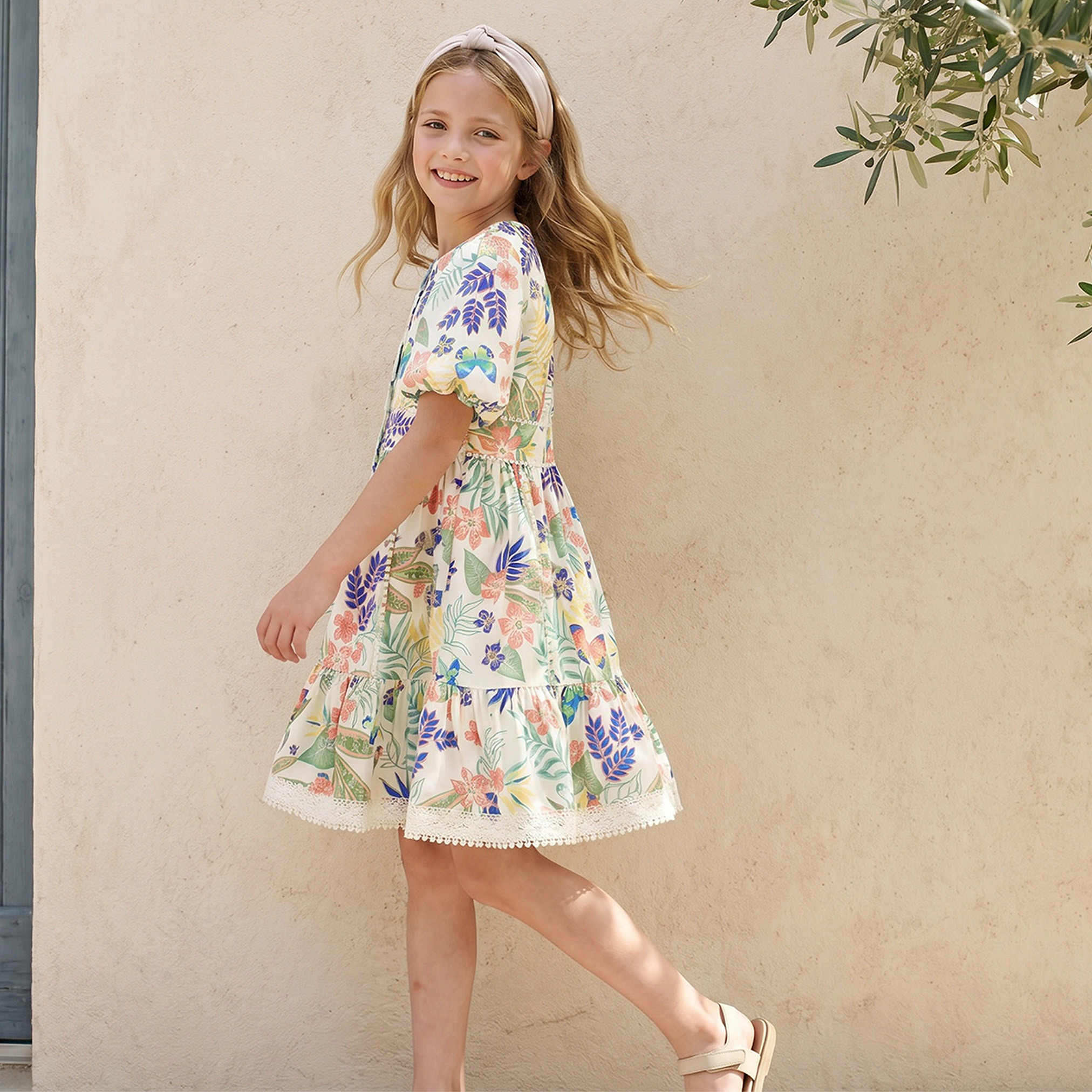 Lee Cooper Round Neck Short Sleeves Knee Length Dress with Floral Print-girls-clothing-dressesandjumpsuits-image-5