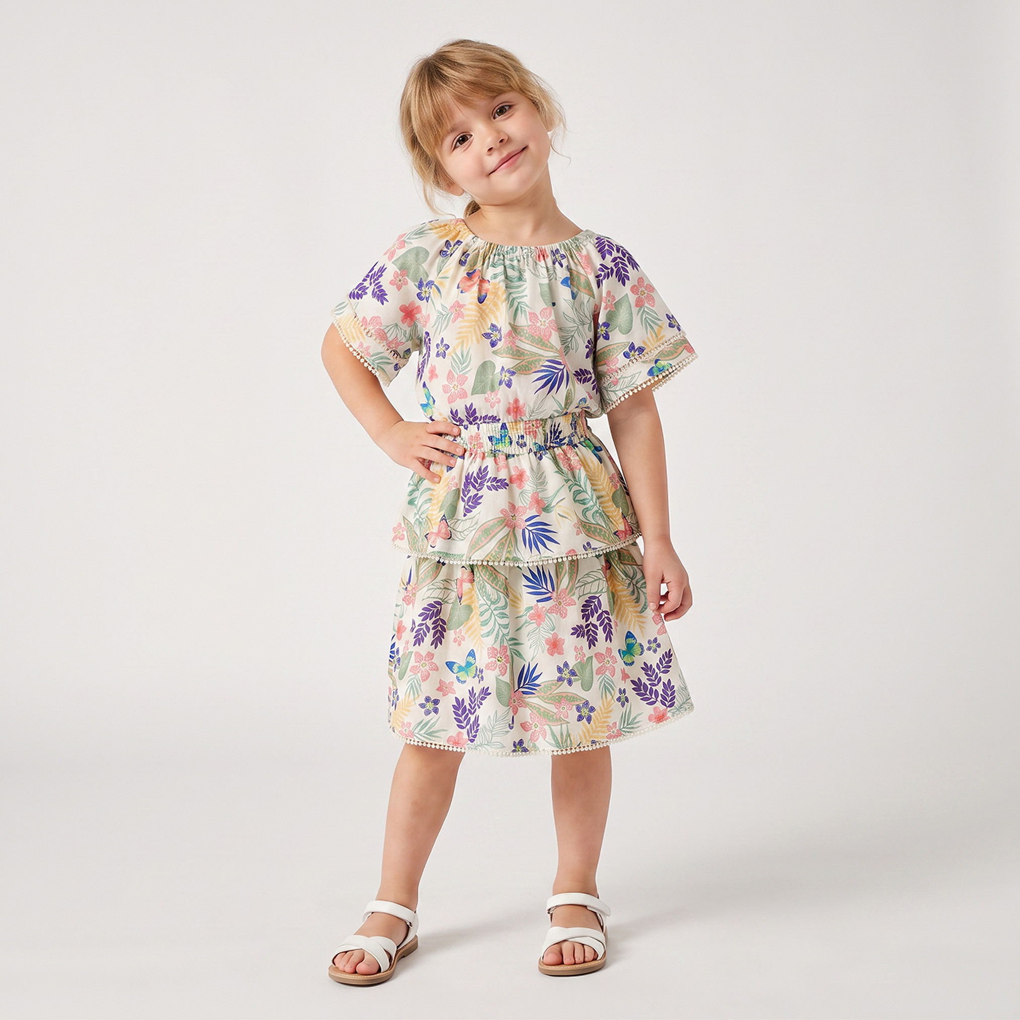 Lee Cooper Round Neck Short Sleeves Top and Skirt Set with Floral Print-girls-clothing-setsandcoords-image-1