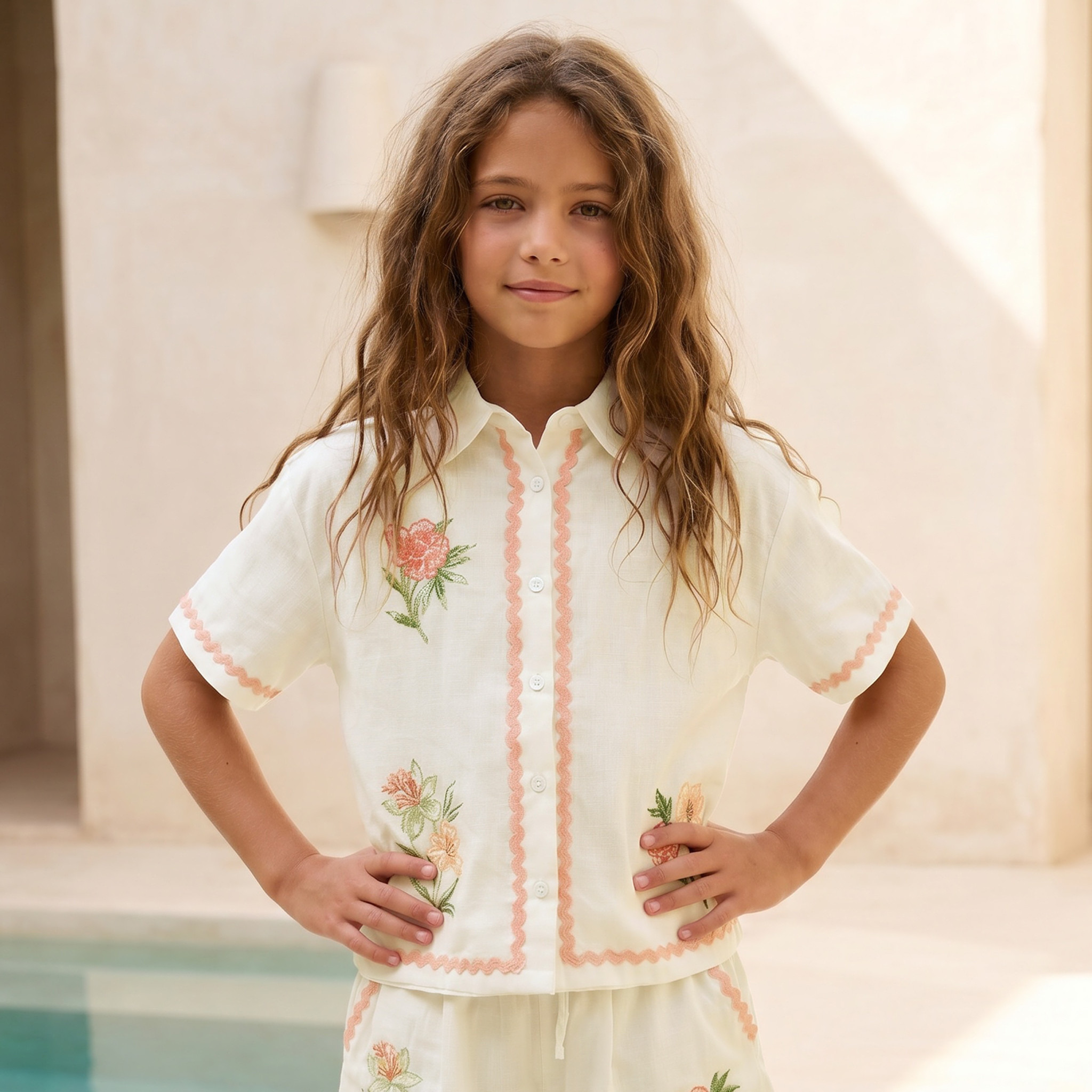 طقم شورت وقميص بياقة عادية وأكمام قصيرة وتطريز أزهار من لي كوبر-girls-clothing-setsandcoords-image-2