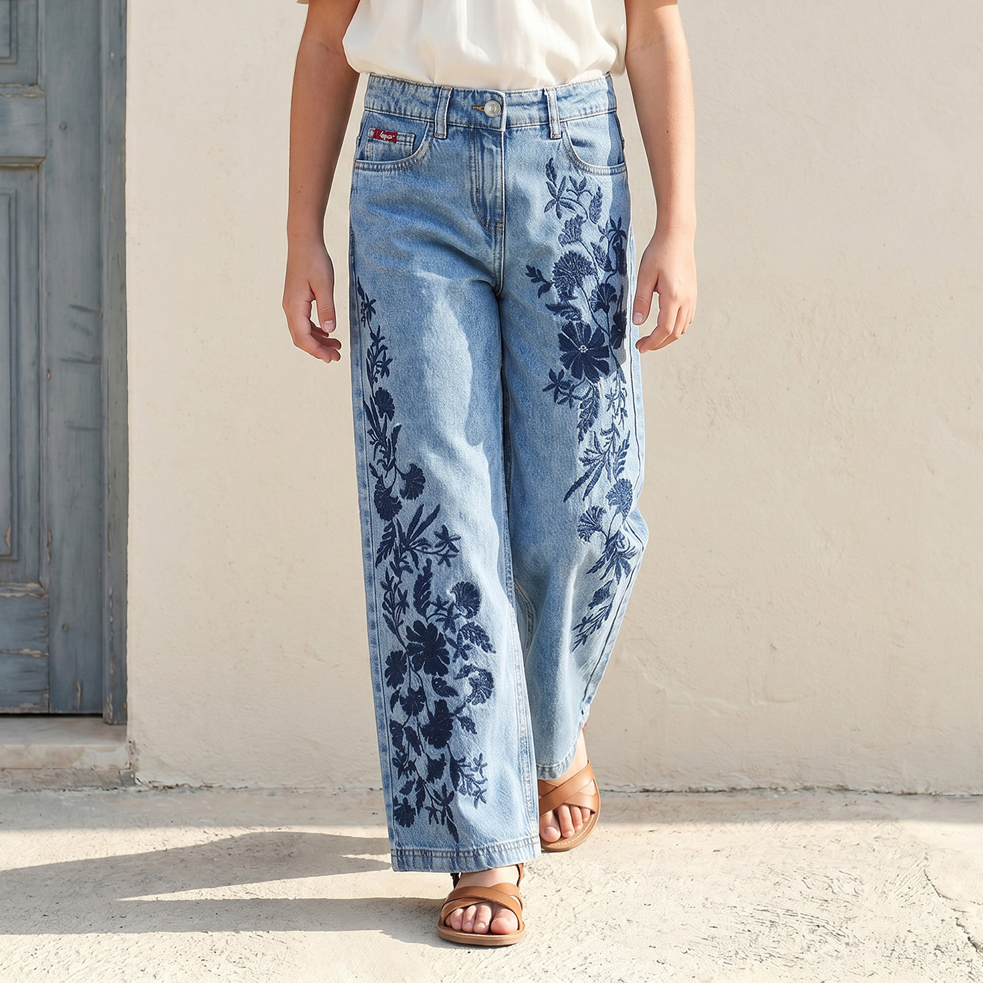 Lee Cooper Jeans with Embroidery- Buttoned Waist-girls-clothing-bottoms-jeansandjoggers-image-1