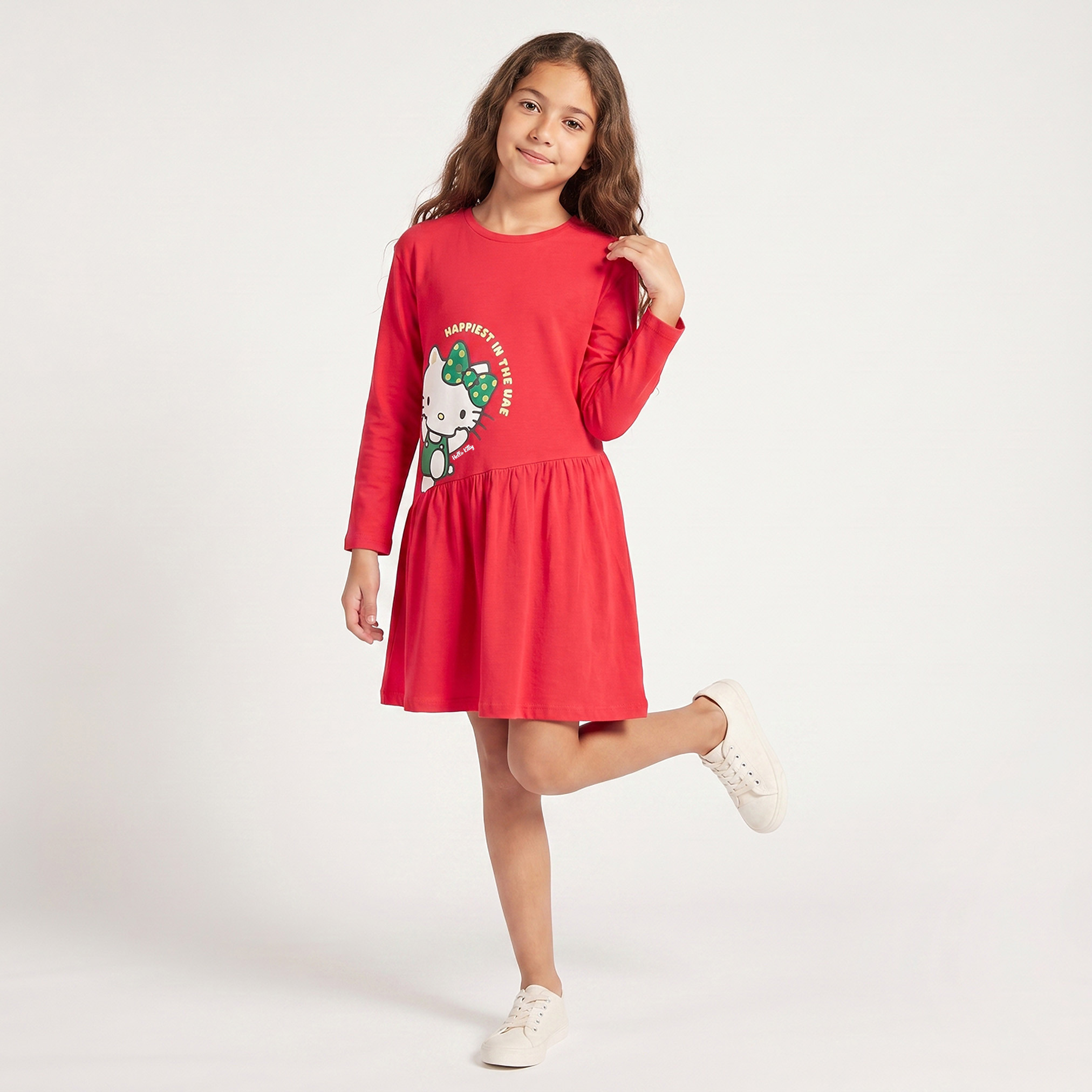 Sanrio Round Neck Long Sleeves Knee Length Dress with UAE National Day Print-girls-clothing-dressesandjumpsuits-image-1