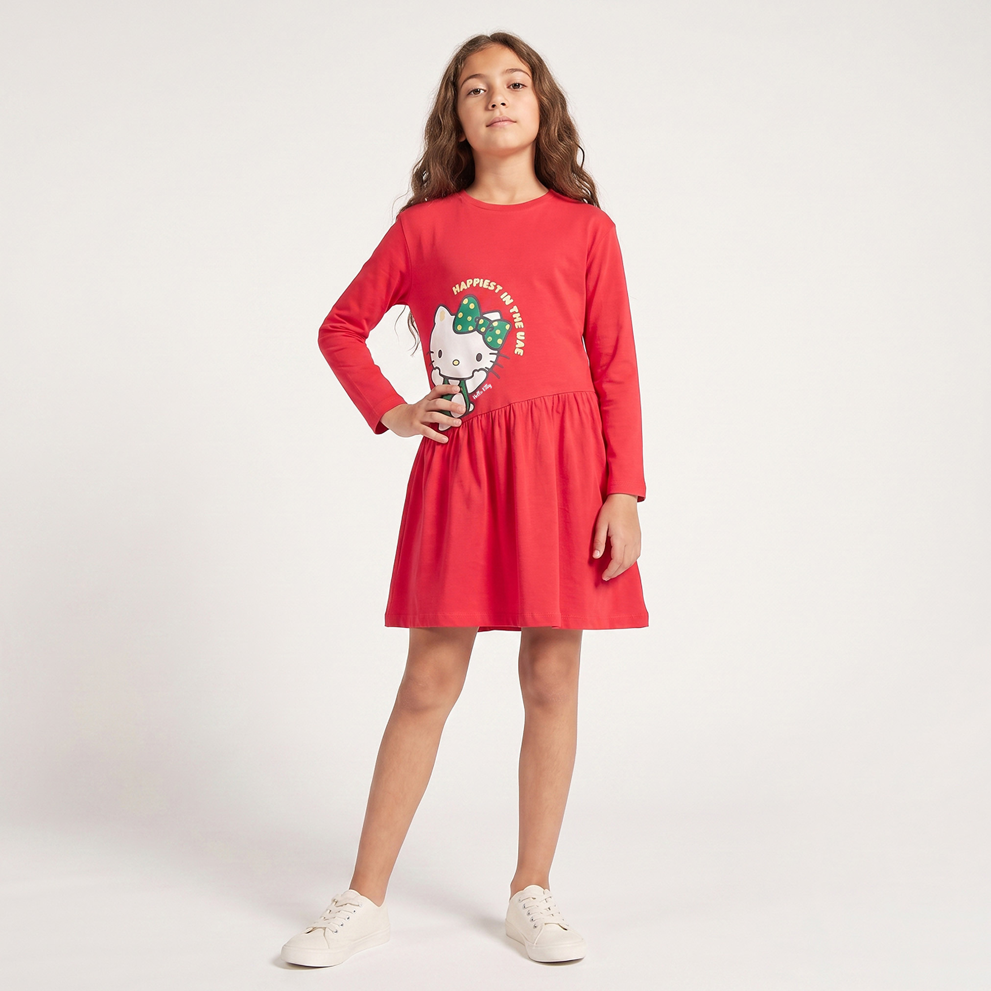 Sanrio Round Neck Long Sleeves Knee Length Dress with UAE National Day Print-girls-clothing-dressesandjumpsuits-image-6