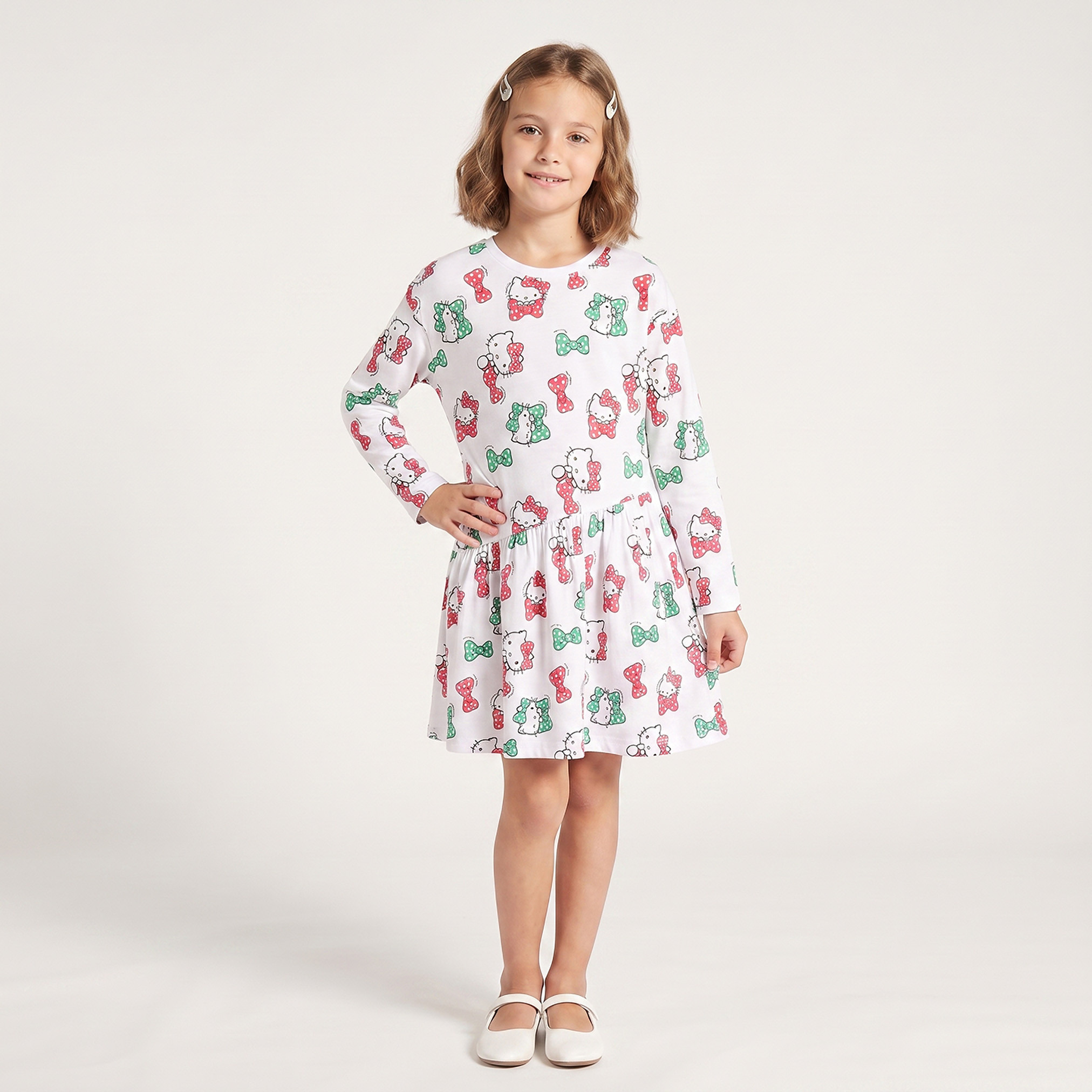 Sanrio Round Neck Long Sleeves Knee Length Dress with UAE National Day Print-girls-clothing-dressesandjumpsuits-image-1