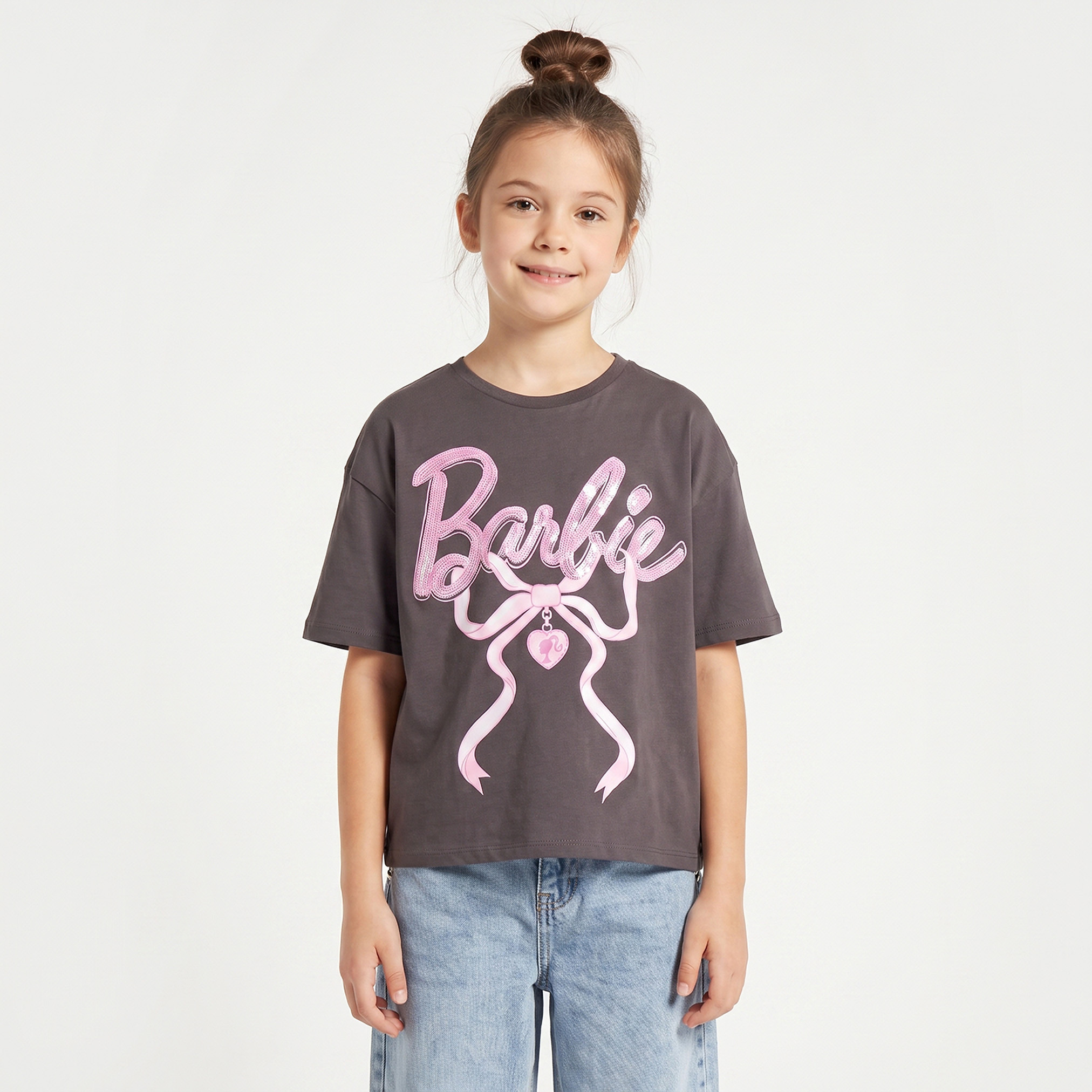 تيشيرت بياقة ضيقة وأكمام قصيرة وتزيينات باربي-girls-clothing-tshirts-image-1