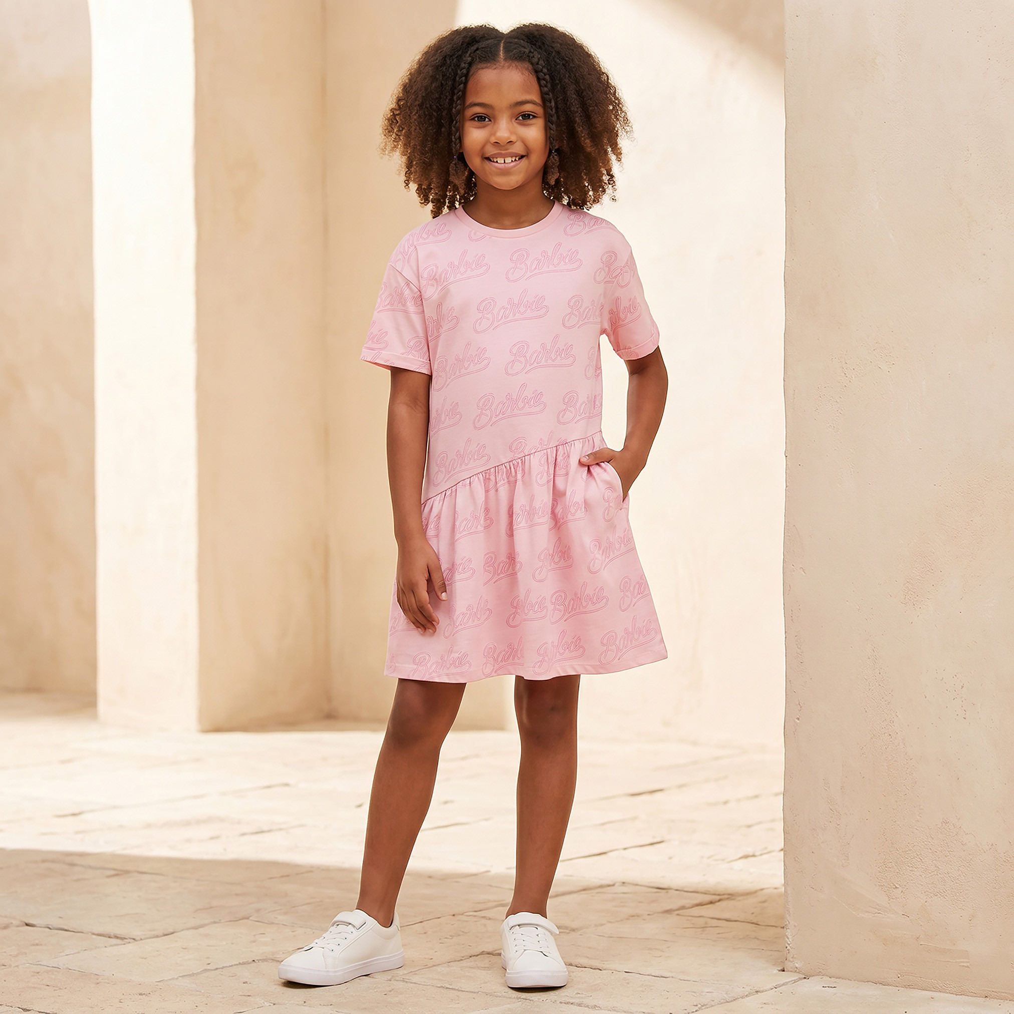 Round Neck Short Sleeves Knee Length A-line Dress with Barbie Print-girls-clothing-dressesandjumpsuits-image-1