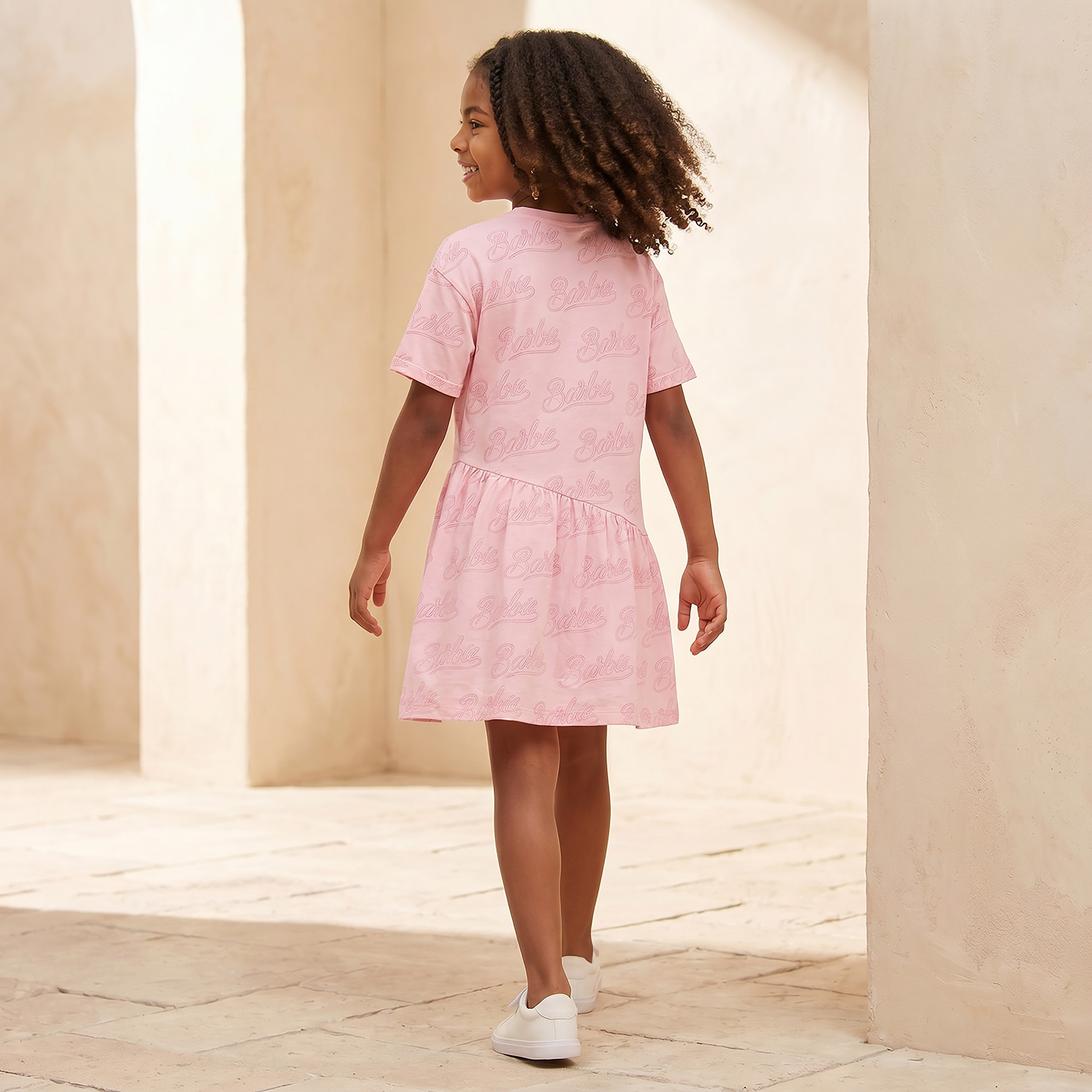Round Neck Short Sleeves Knee Length A-line Dress with Barbie Print-girls-clothing-dressesandjumpsuits-image-2