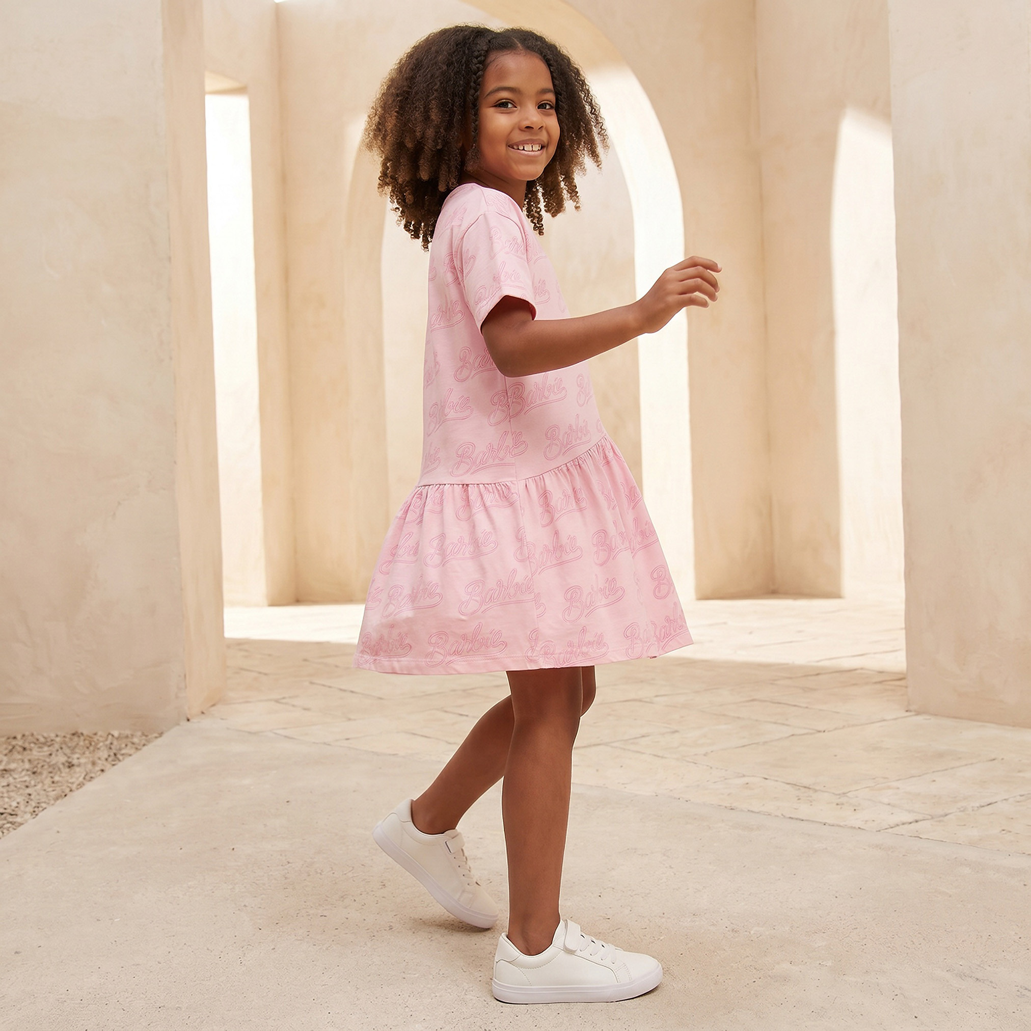 Round Neck Short Sleeves Knee Length A-line Dress with Barbie Print-girls-clothing-dressesandjumpsuits-image-4