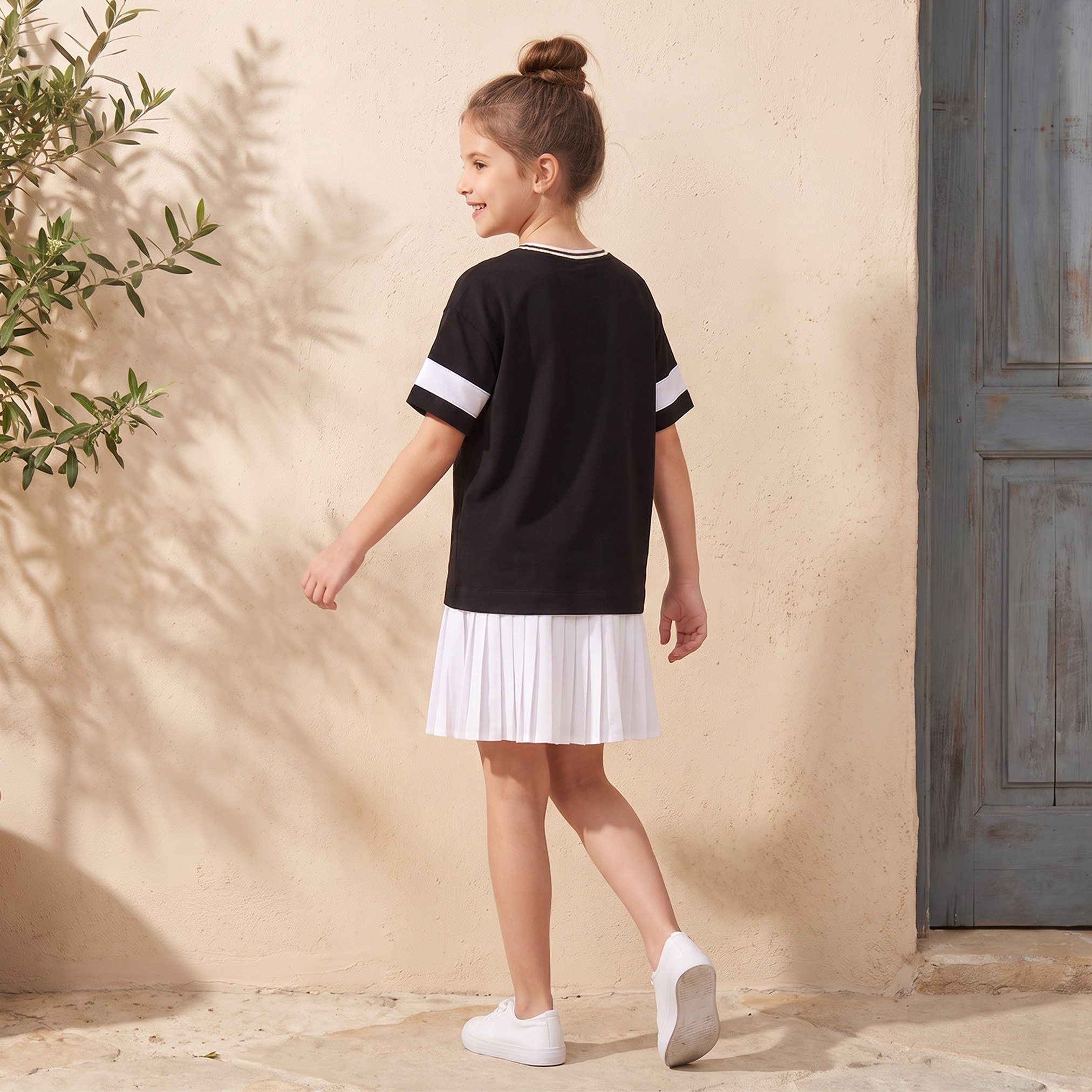 V-neck Short Sleeves Knee Length Drop Waist Dress with Barbie Print-girls-clothing-dressesandjumpsuits-image-2