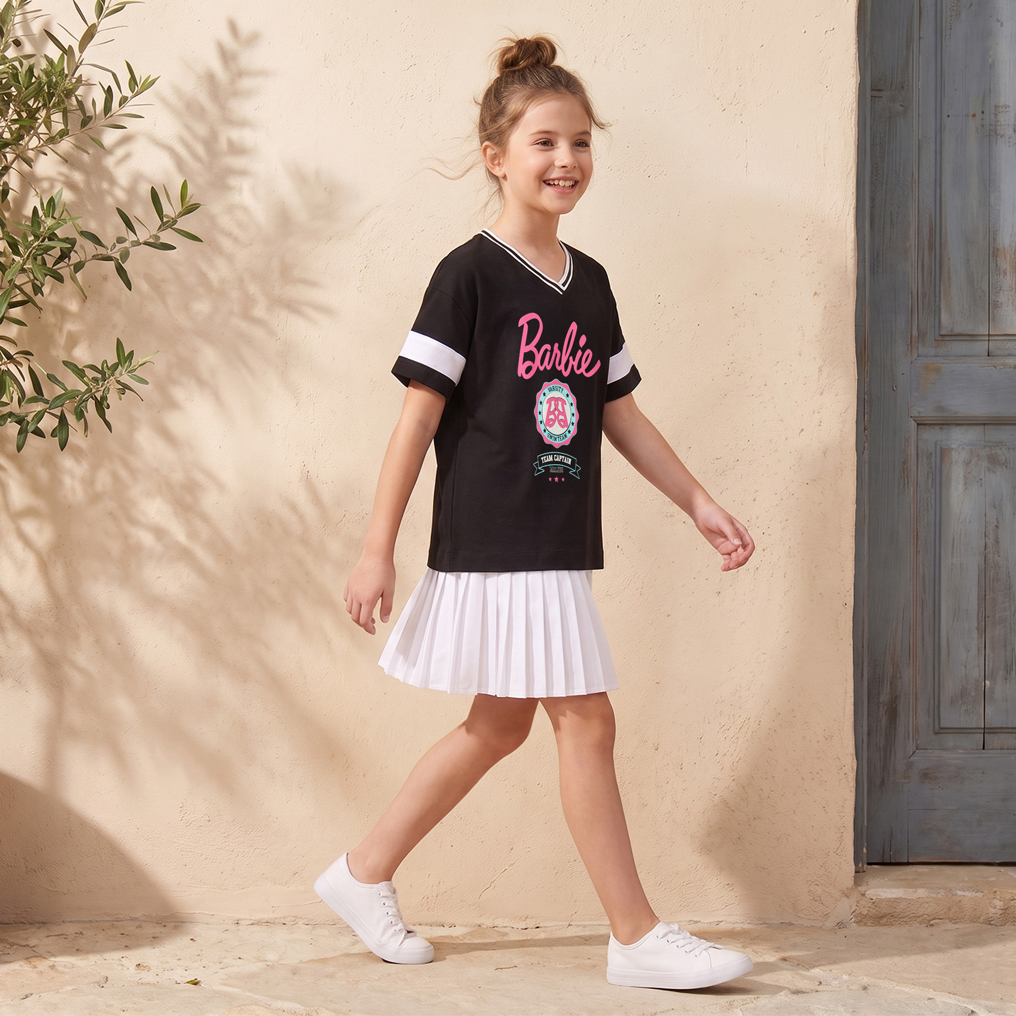 V-neck Short Sleeves Knee Length Drop Waist Dress with Barbie Print-girls-clothing-dressesandjumpsuits-image-4